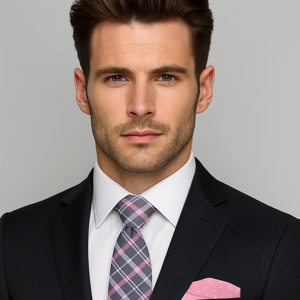 Close-up of luxurious silk fabric with bold plaid pattern for men