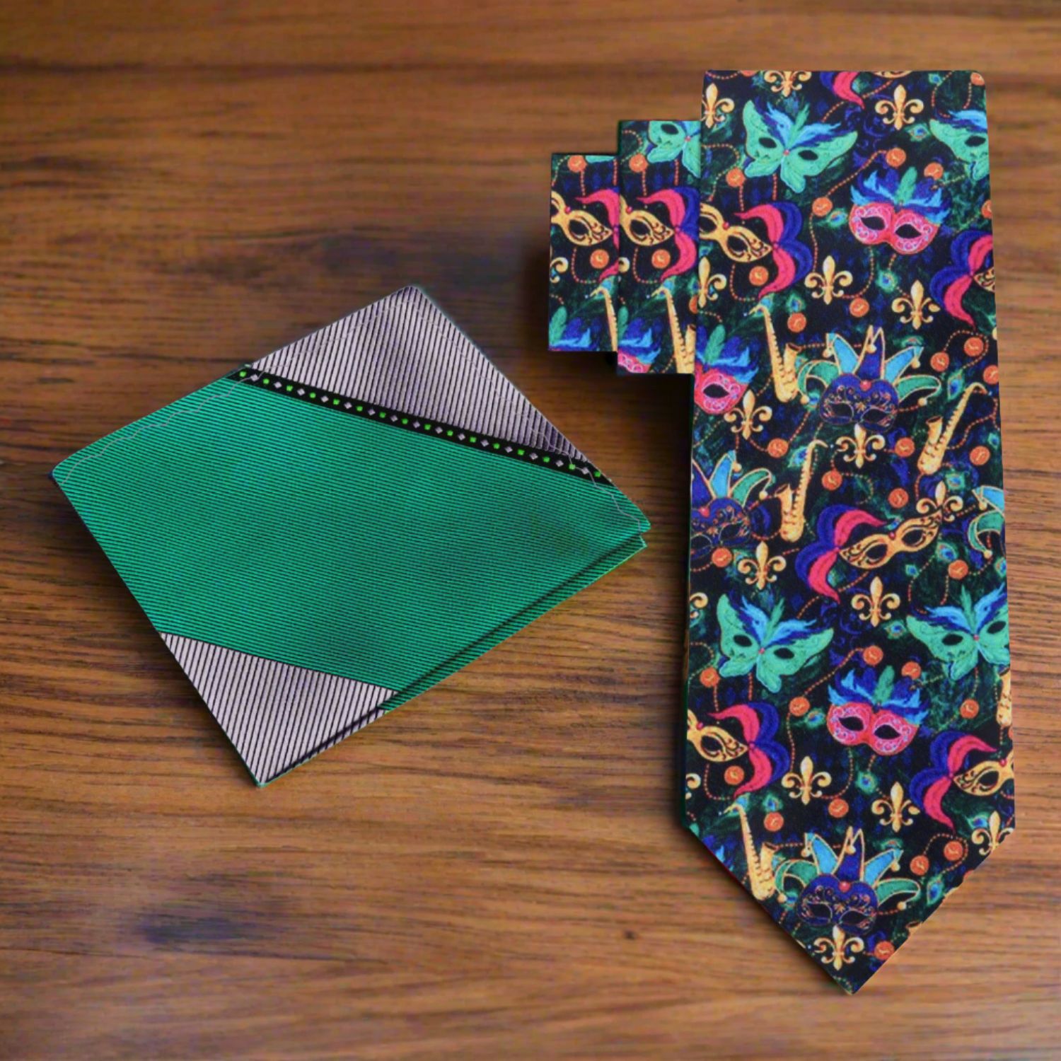 Close-up of Mardi Gras mask tie showing silk texture and vibrant pink, blue, and green masks against a black background
