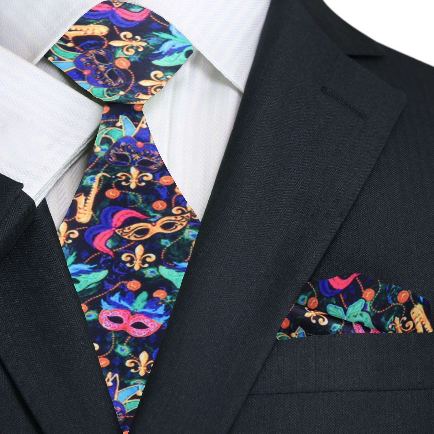 Man wearing the festive necktie paired with a navy suit and white dress shirt at a Mardi Gras-themed event