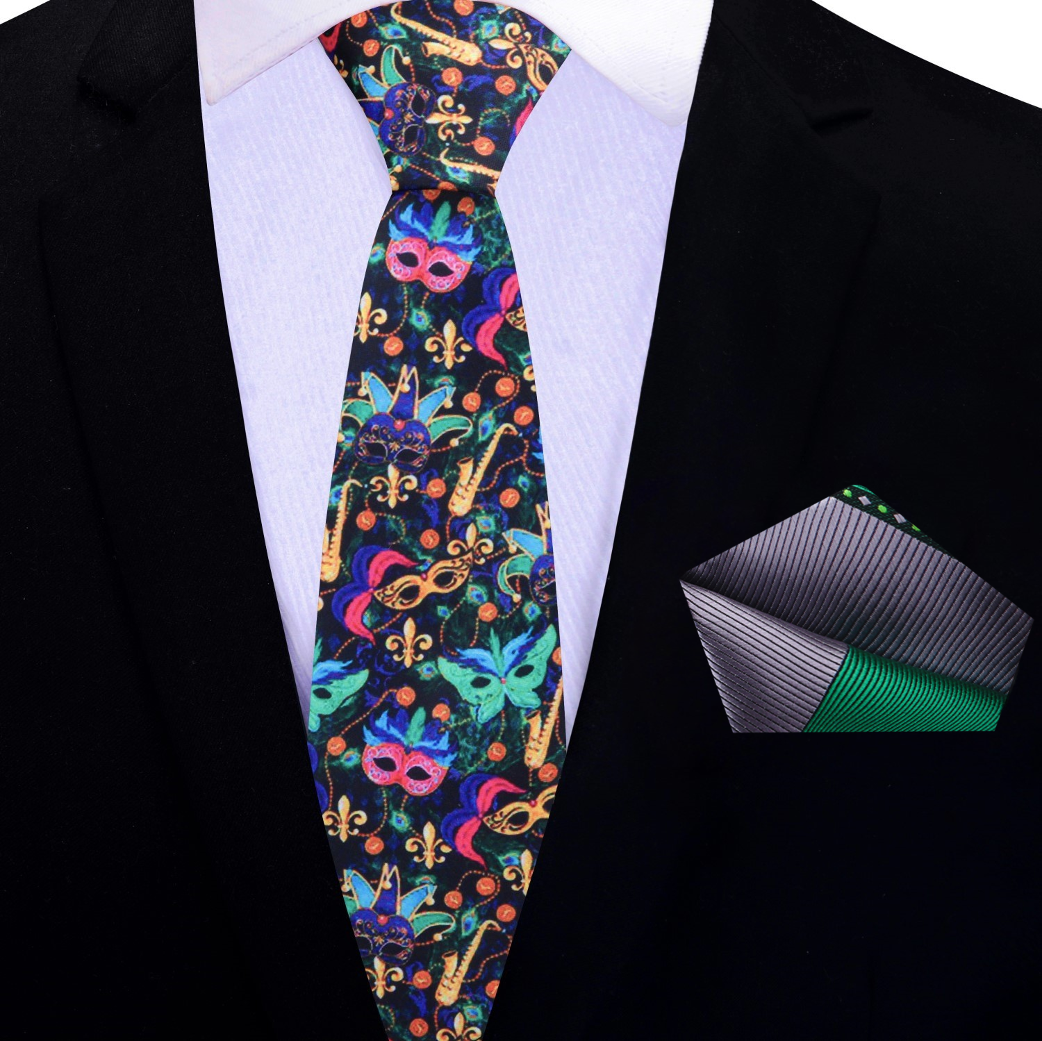 Tie and matching pocket square set neatly folded, highlighting the colorful tie’s pattern and sheen