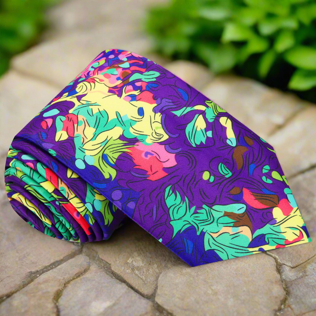 Artisan Mosaic Abstract Necktie with vibrant colors displayed on a wooden table.