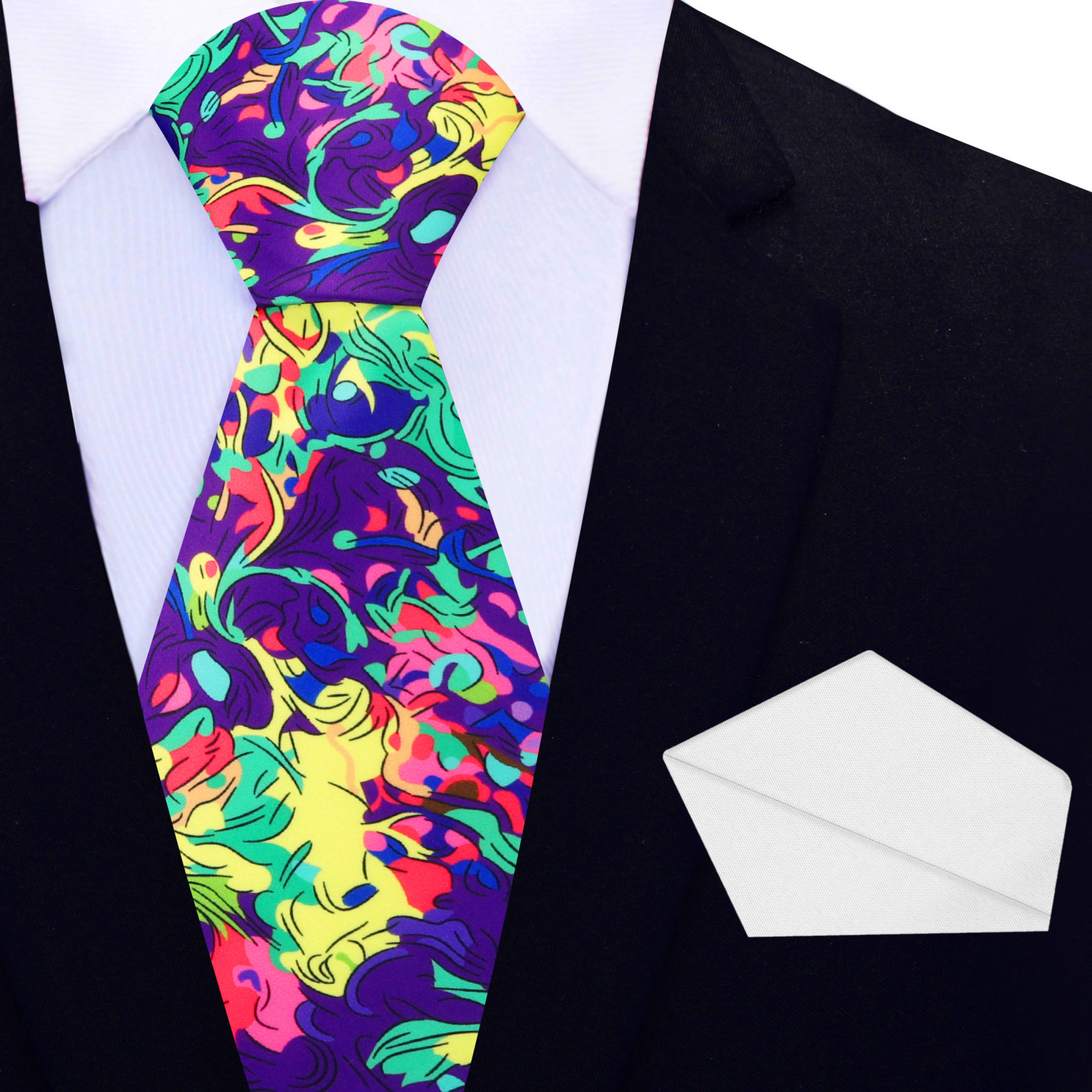 Artisan Mosaic Abstract Necktie with vibrant colors displayed on a wooden table.