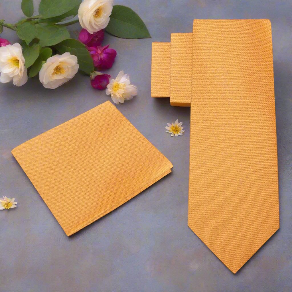 Close-up of marigold orange necktie on white shirt – ideal wedding tie