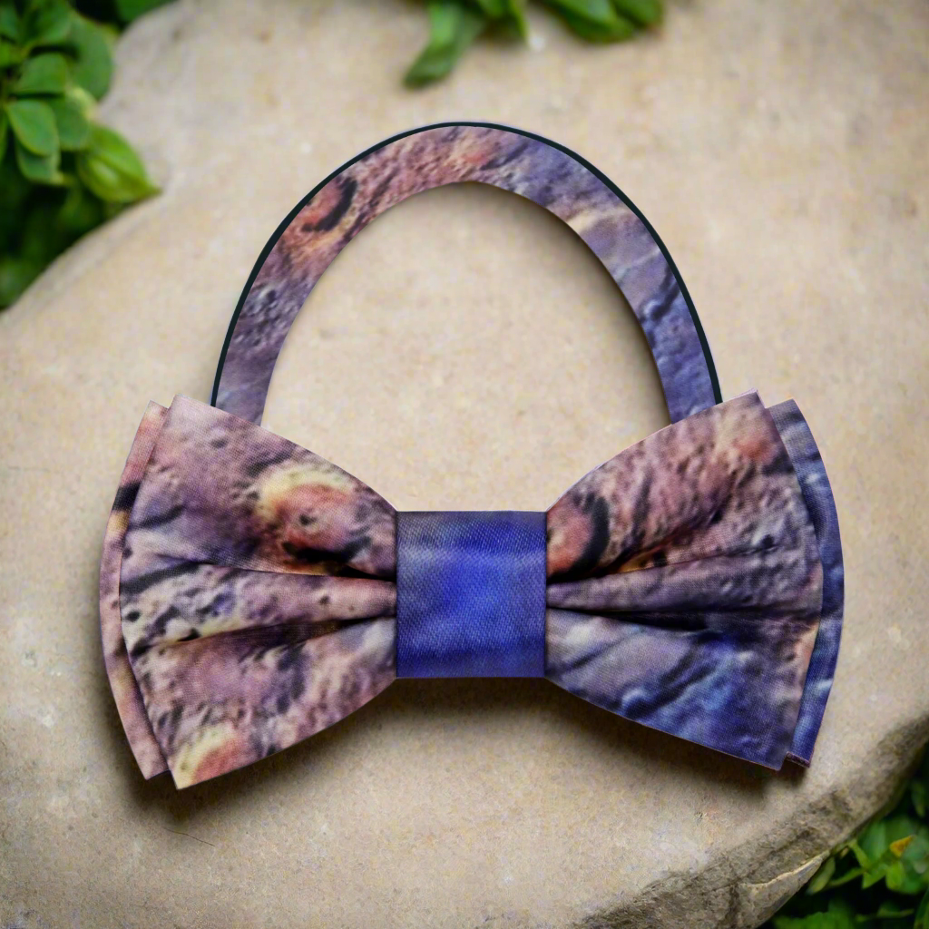 Close-up of Mars surface bow tie showing rich blue and orange silk texture