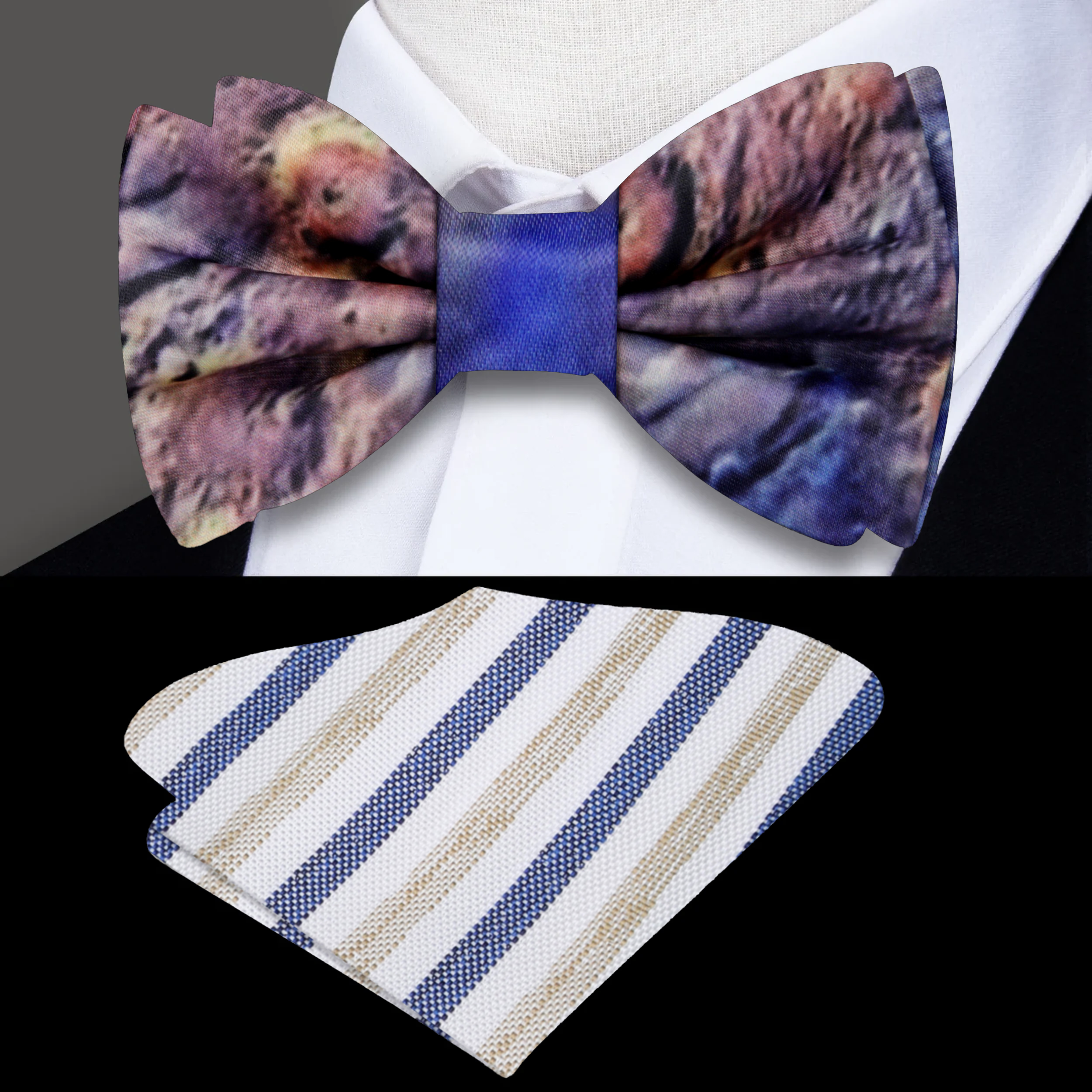 Close-up of Mars surface bow tie showing rich blue and orange silk texture
