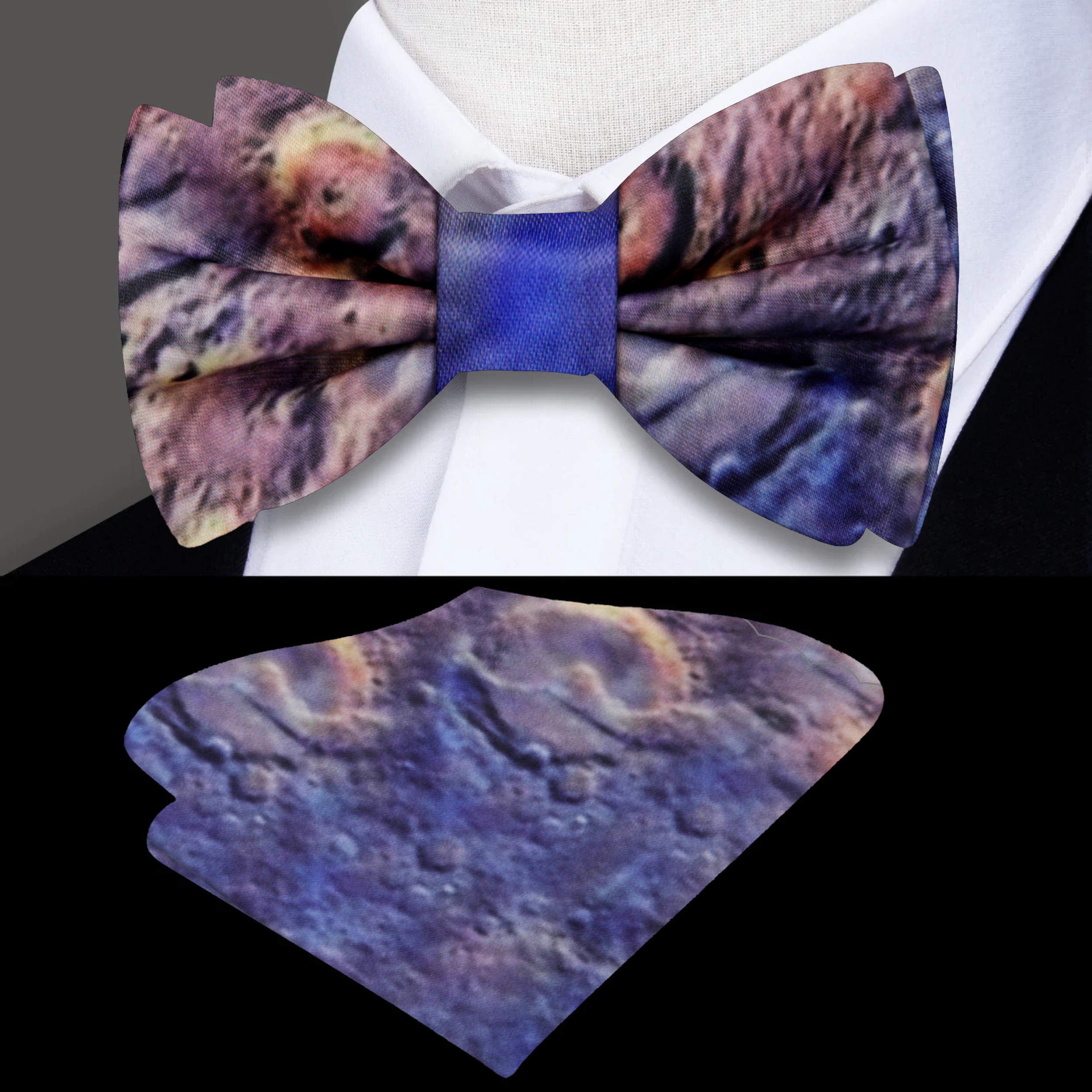 Model wearing the unique bow tie with a navy suit, ideal for formal events