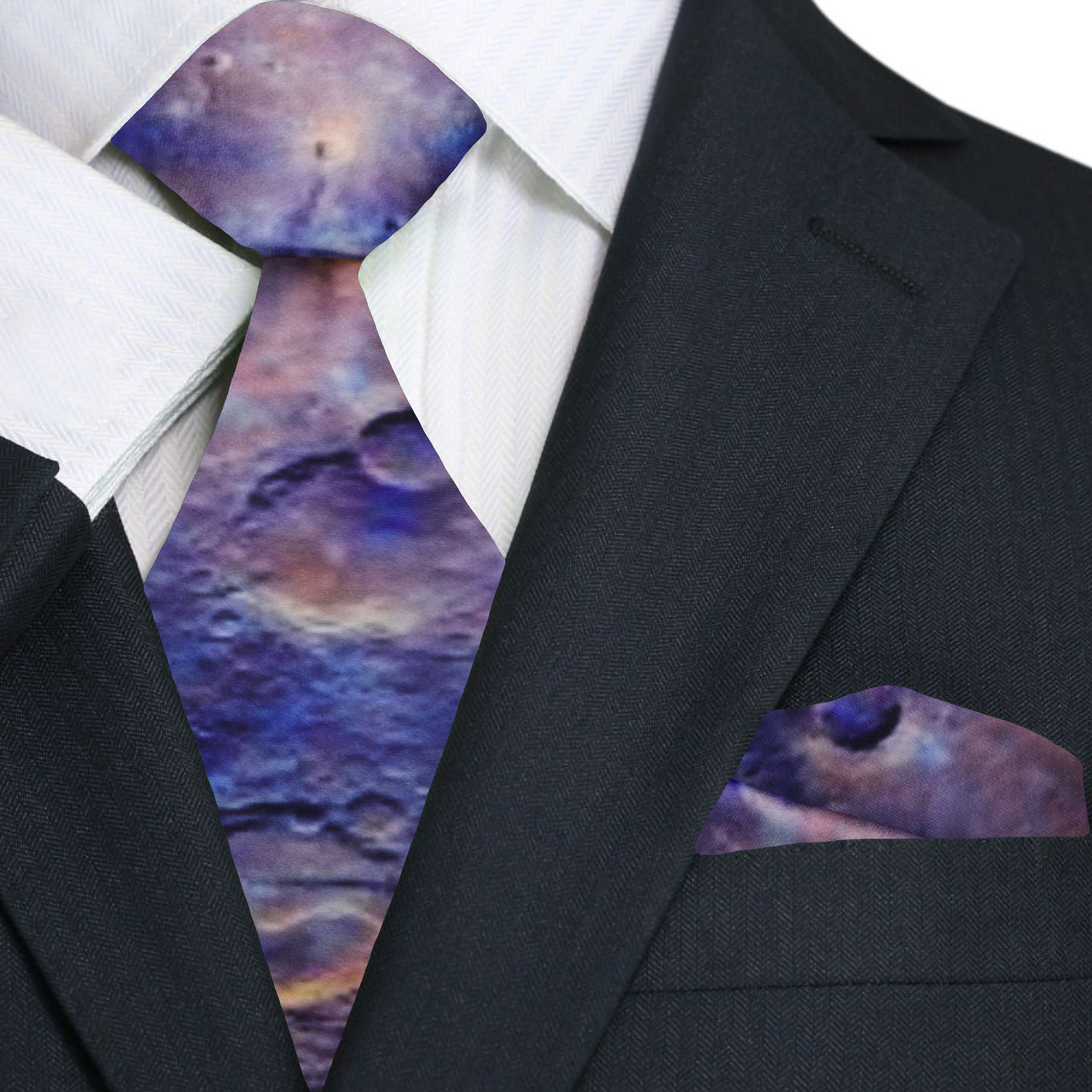 Mars Craters necktie draped over a classic navy suit, showcasing its unique pattern