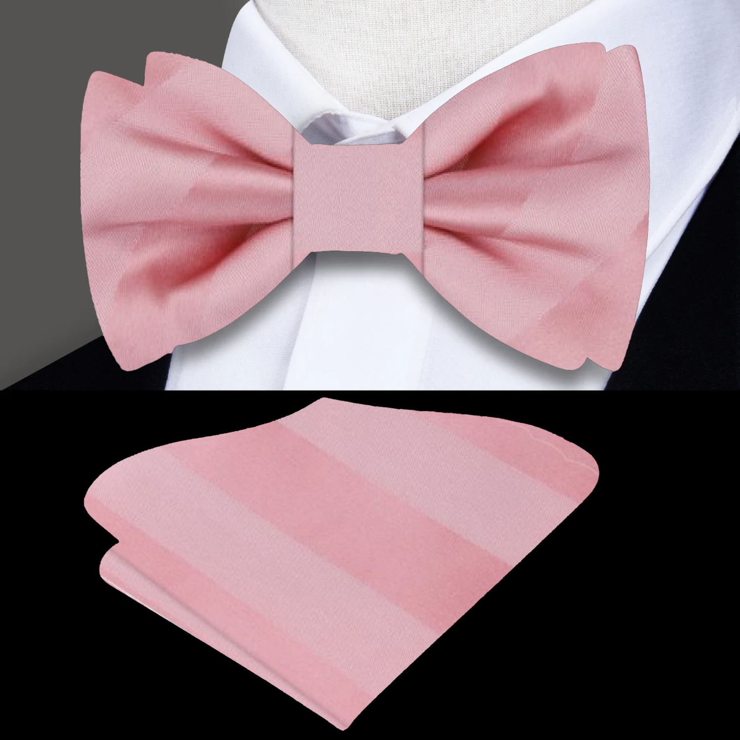 Man wearing a pre-tied stripe bow tie with a tailored suit at a wedding