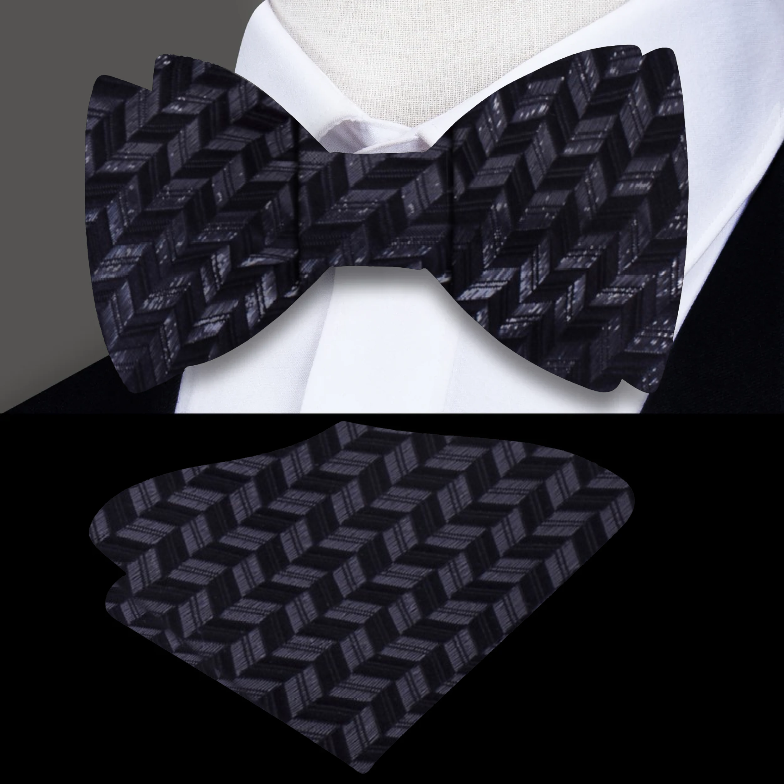 Elegant Metallic Crosshatch Self-Tie Bow Tie displayed on a dress shirt, highlighting its geometric pattern.