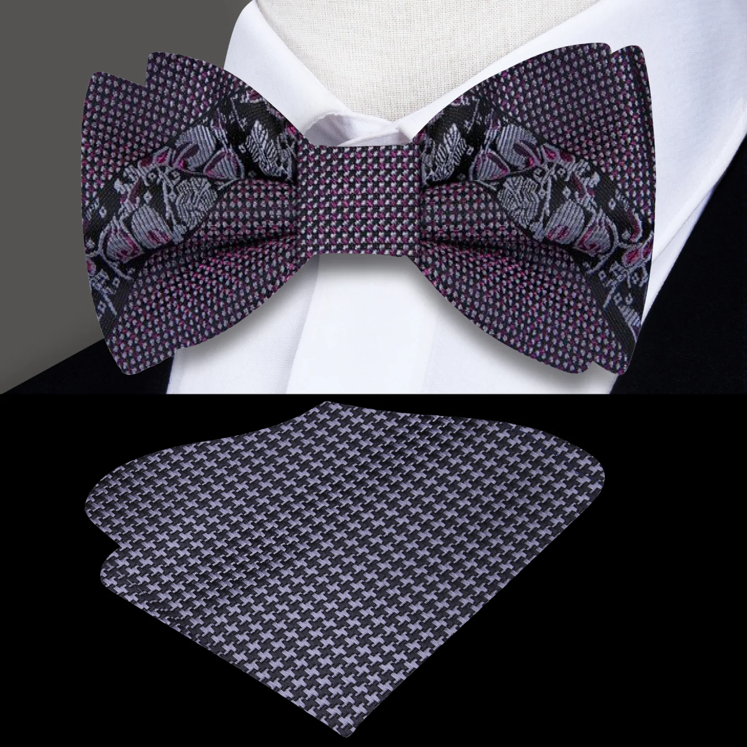 Close-up of luxury floral silk bow tie with floral pattern in deep purple and black, perfect for formal events