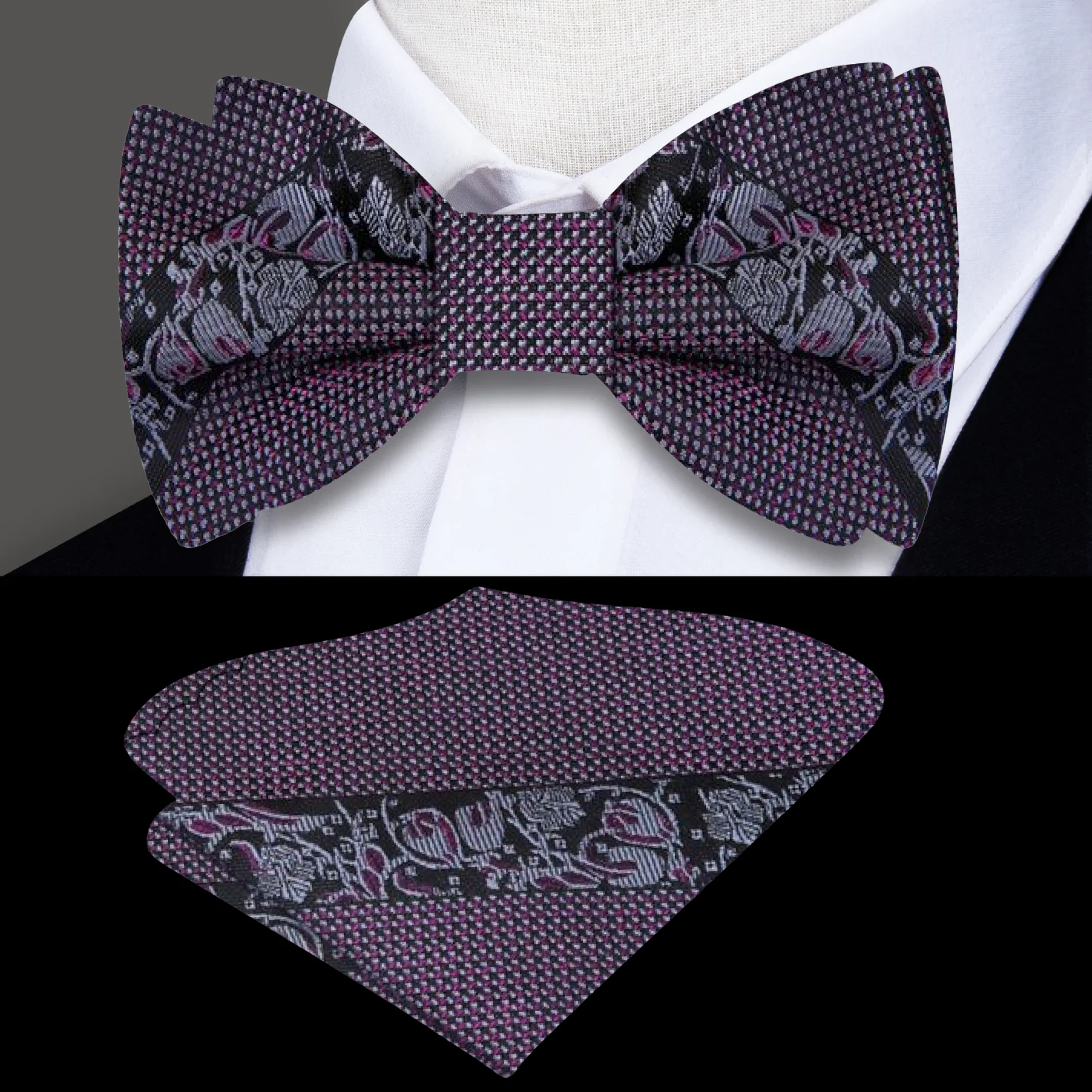 Styled shot of silk bow tie paired with white dress shirt and suit, ideal for upscale gatherings