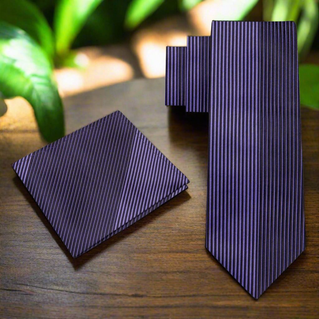 Elegant black silk necktie with metallic purple stripes on display.