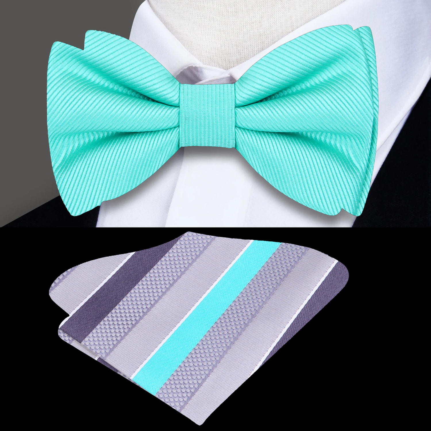 Front view of a solid mint silk bow tie on a mannequin for wedding attire