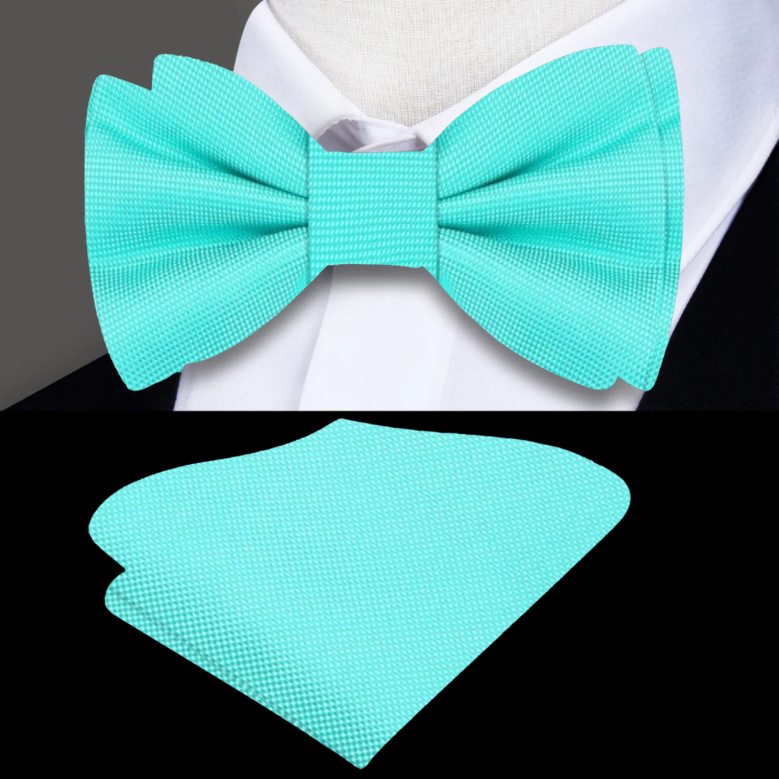 Matching pocket square with a navy blue bow tie, ideal for business meetings.