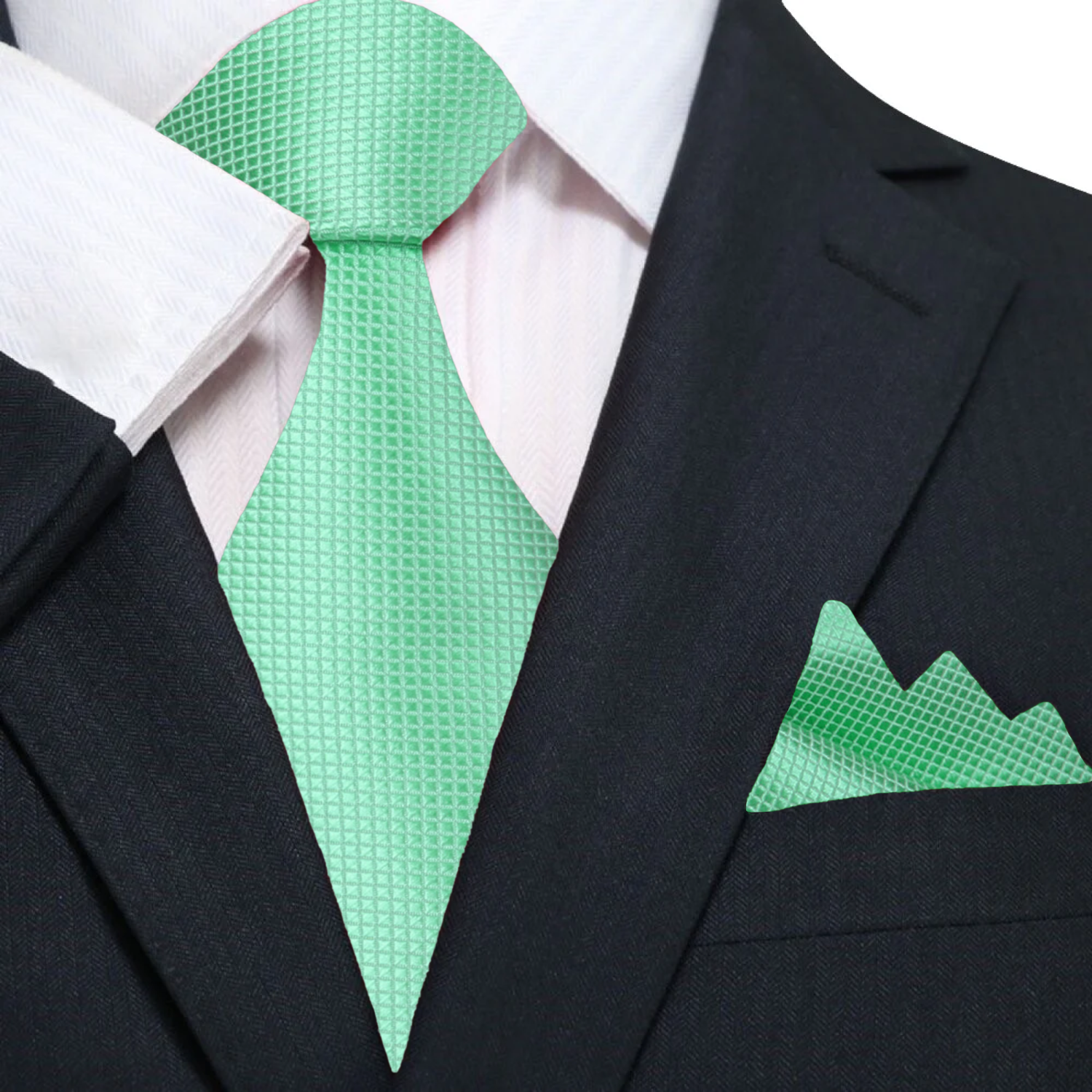 Front view of kids mint silk necktie and pocket square set for boys