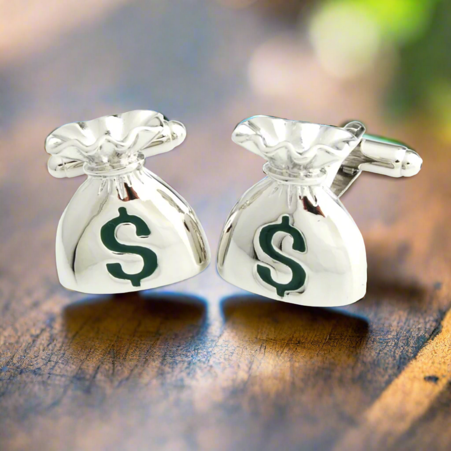 Luxury money design cufflinks displayed on a formal shirt, highlighting their intricate details.