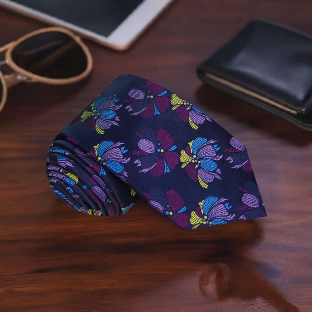 Close-up of the large floral design on a dark blue necktie
