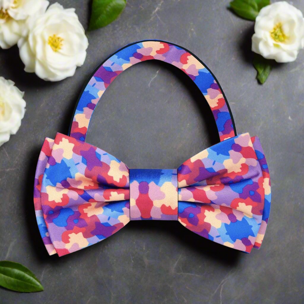 Close-up view of the pastel watercolor silk bow tie showcasing its vibrant colors and detailed pattern.