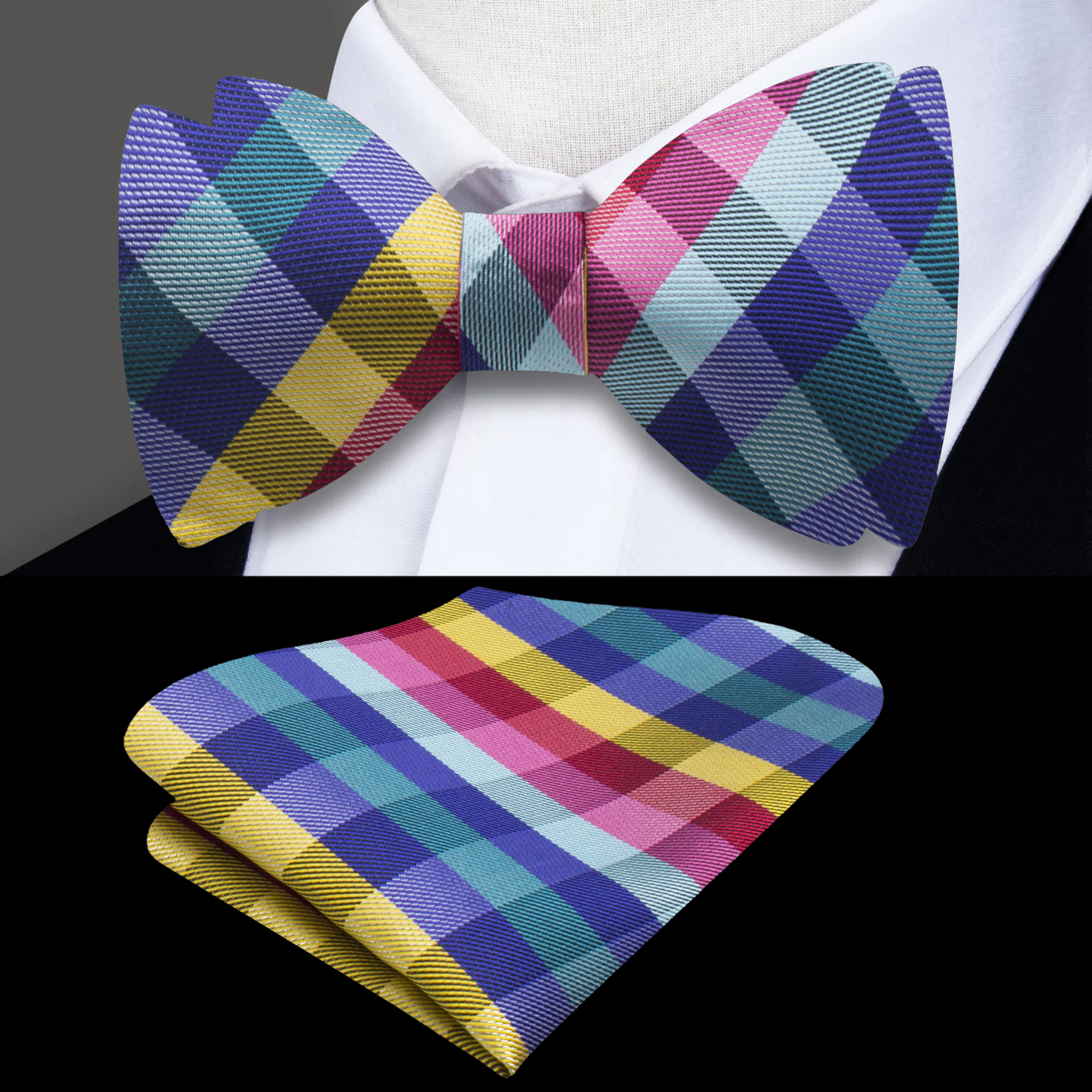 Men wearing a self-tie bow tie and pocket square at a wedding reception