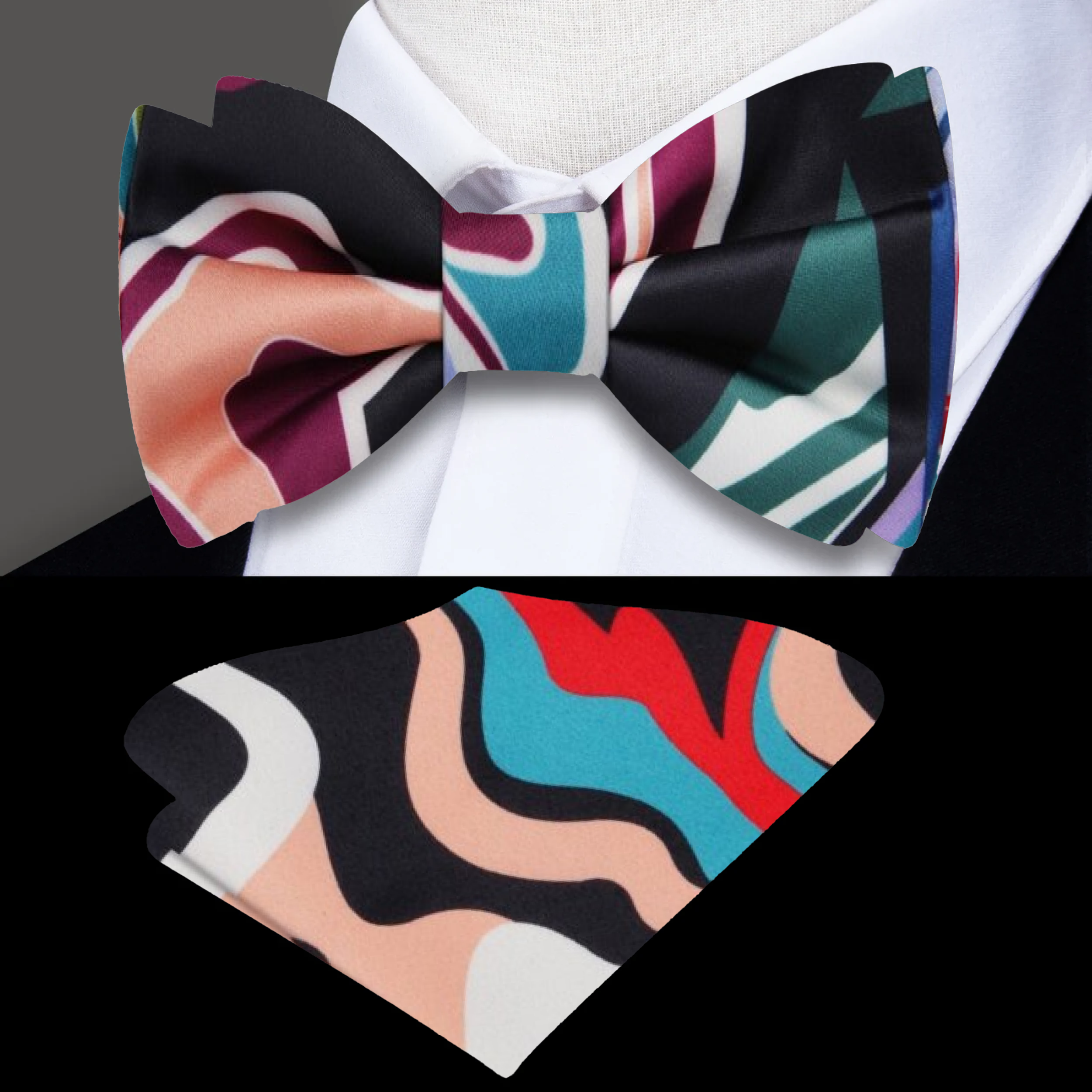 Side view of pre-tied abstract bow tie with pocket square.