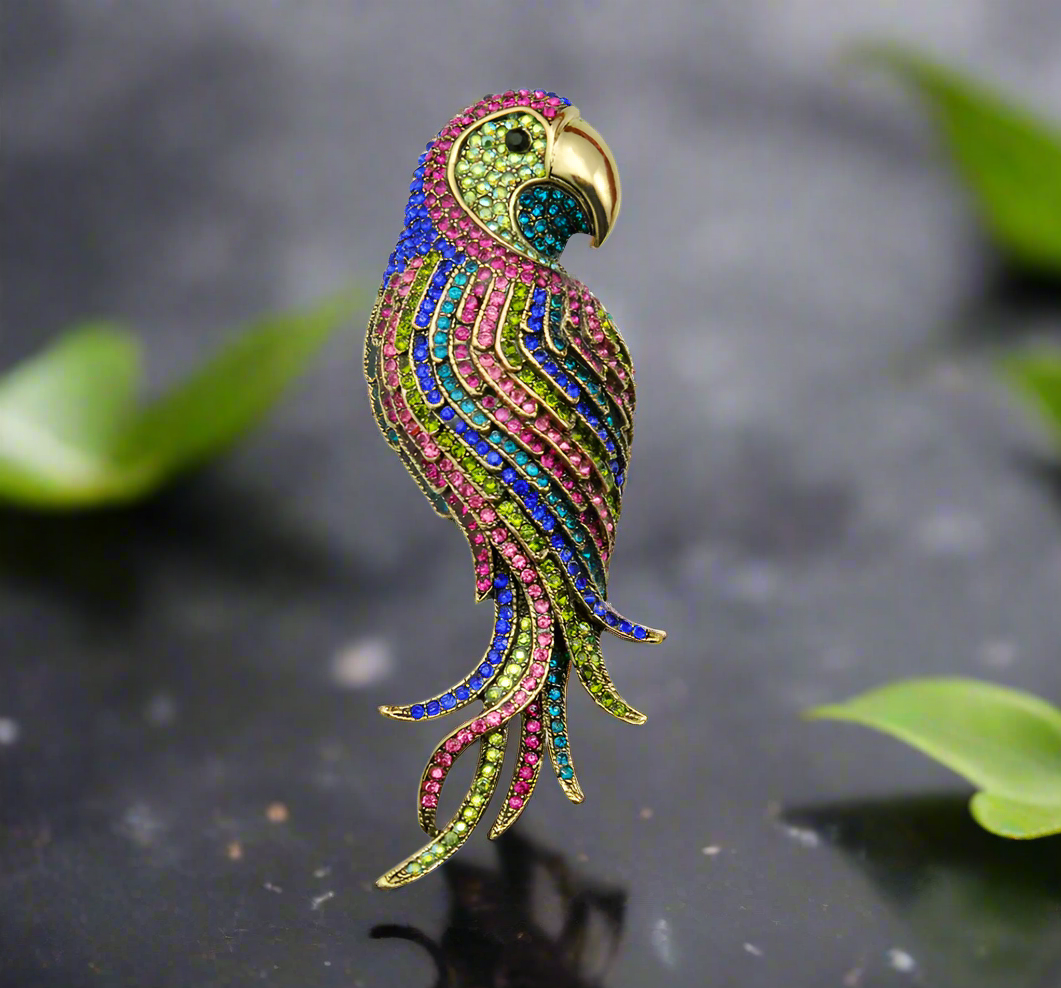 Vivid multicolored exotic parrot lapel pin on a blazer, vibrant accessory for suits