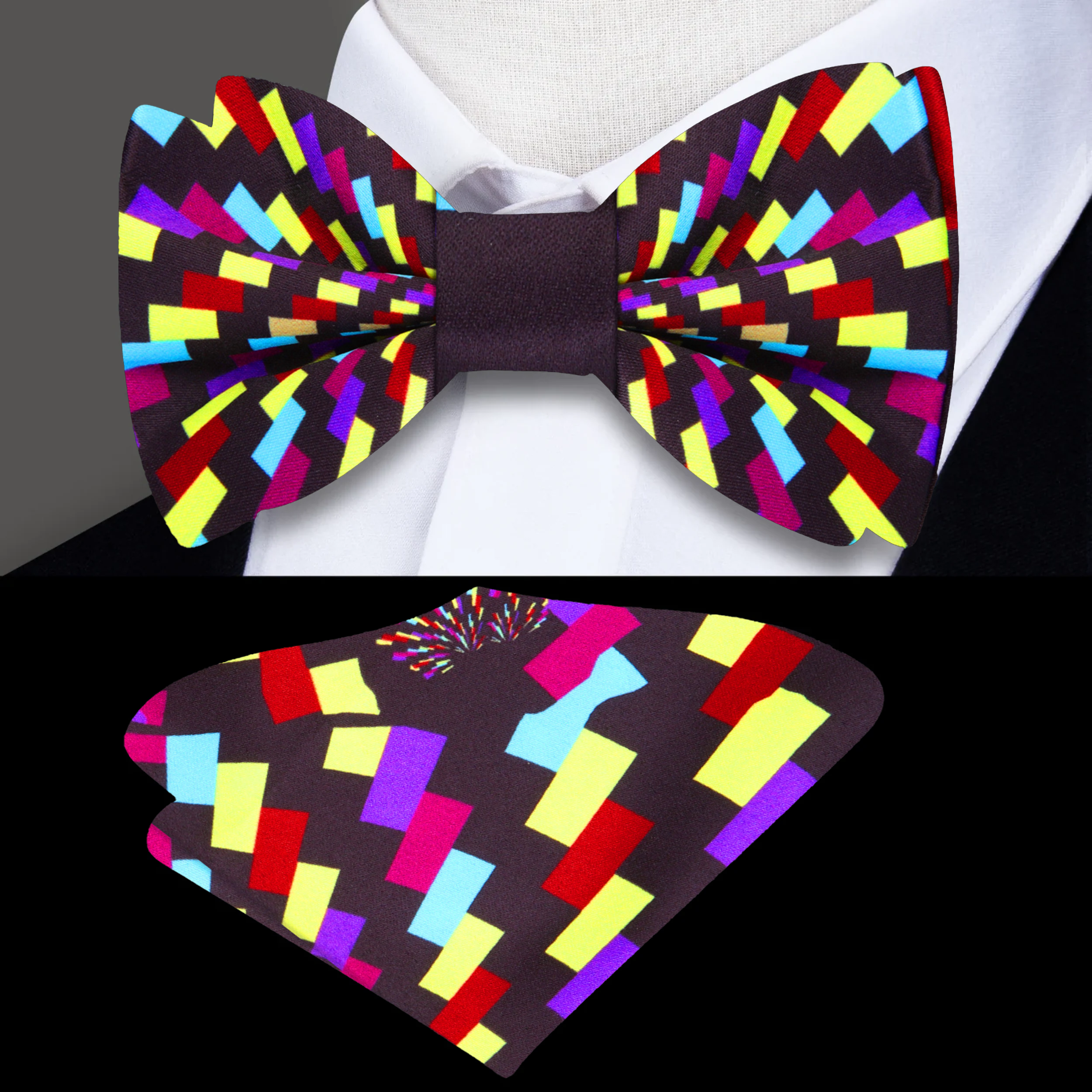 Front view of the vibrant red, white, and blue self-tie bow tie, showcasing its abstract pattern and adjustable features.