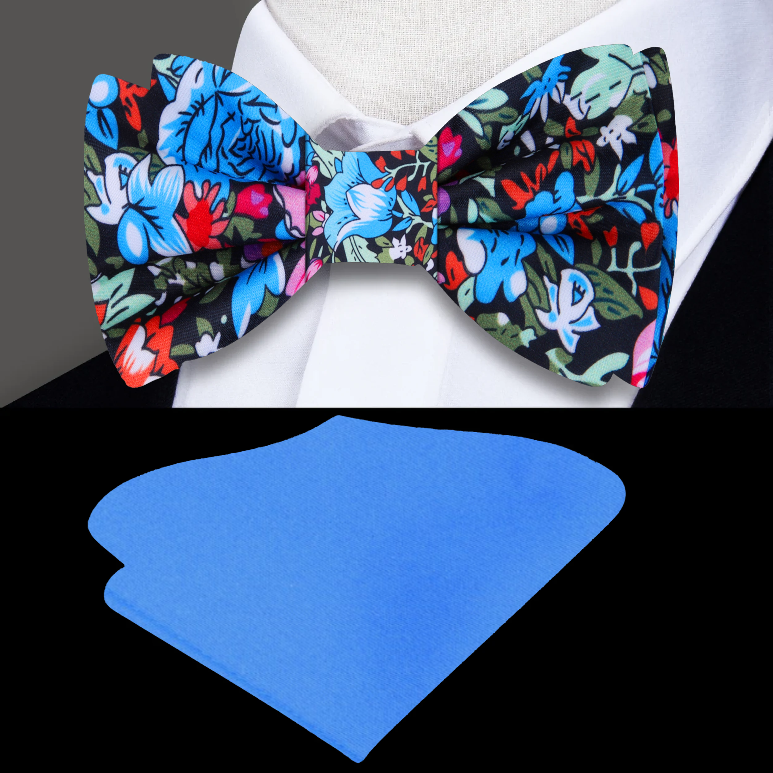 Close-up of Monet's Floral Elegance Bow Tie showcasing intricate blue, red, green, and white patterns