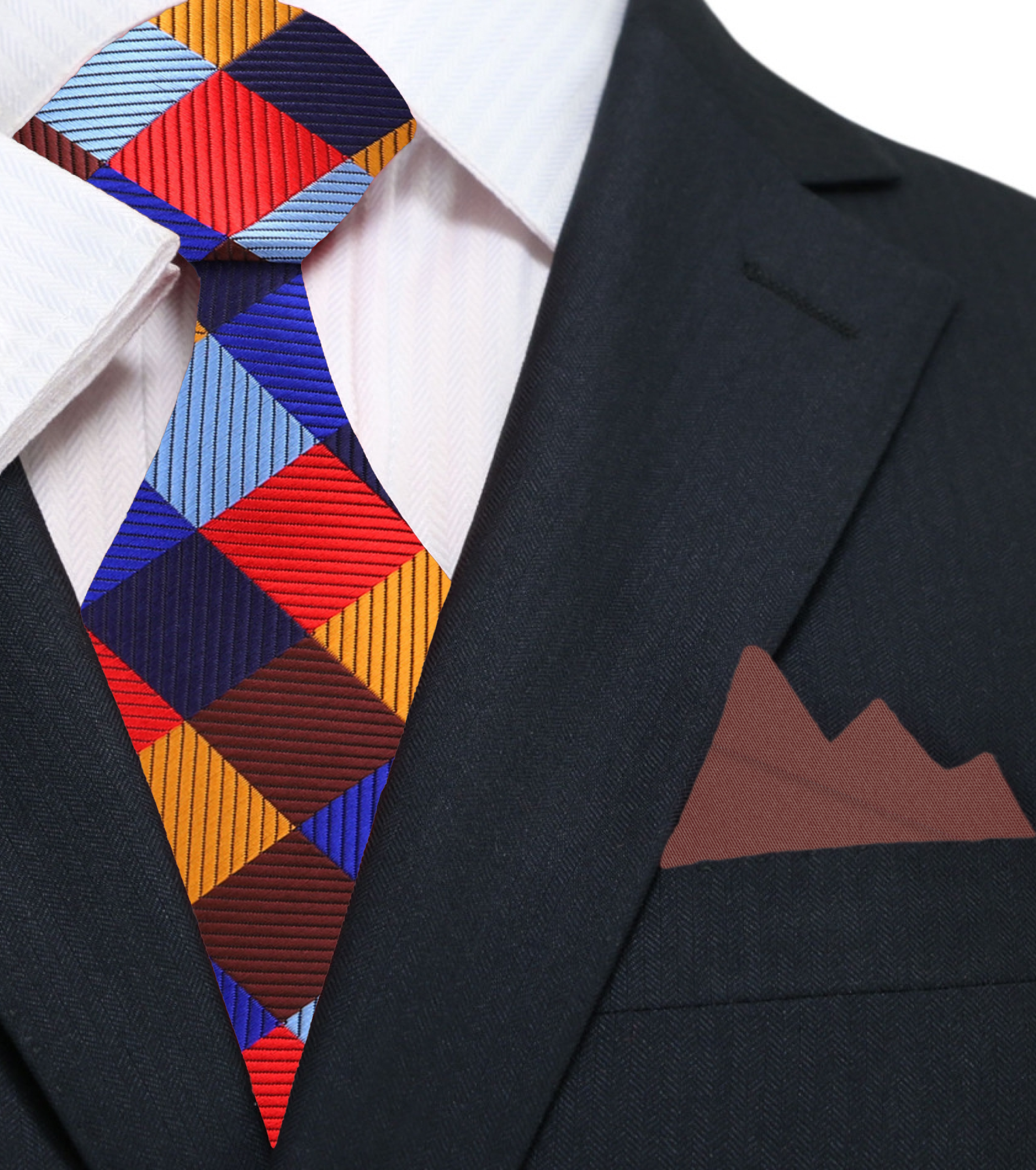 Man wearing a stylish geometric silk necktie at a formal event
