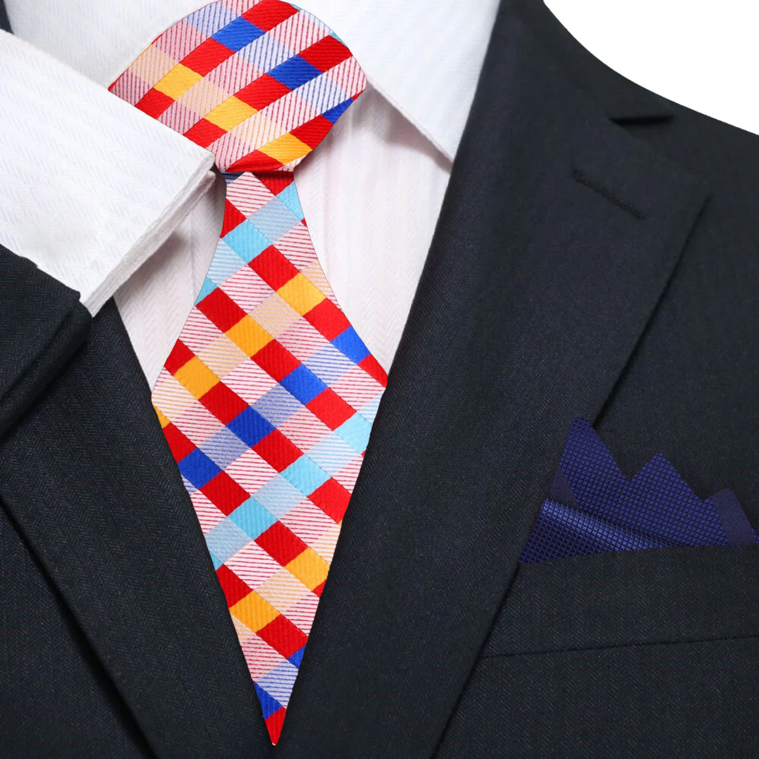 Man wearing a colorful silk necktie with check pattern at a summer wedding