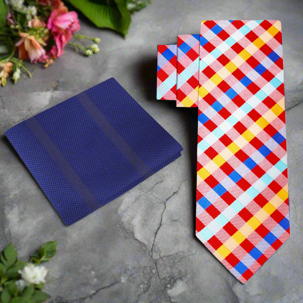 Silk necktie for summer weddings in a vibrant check design paired with a navy suit