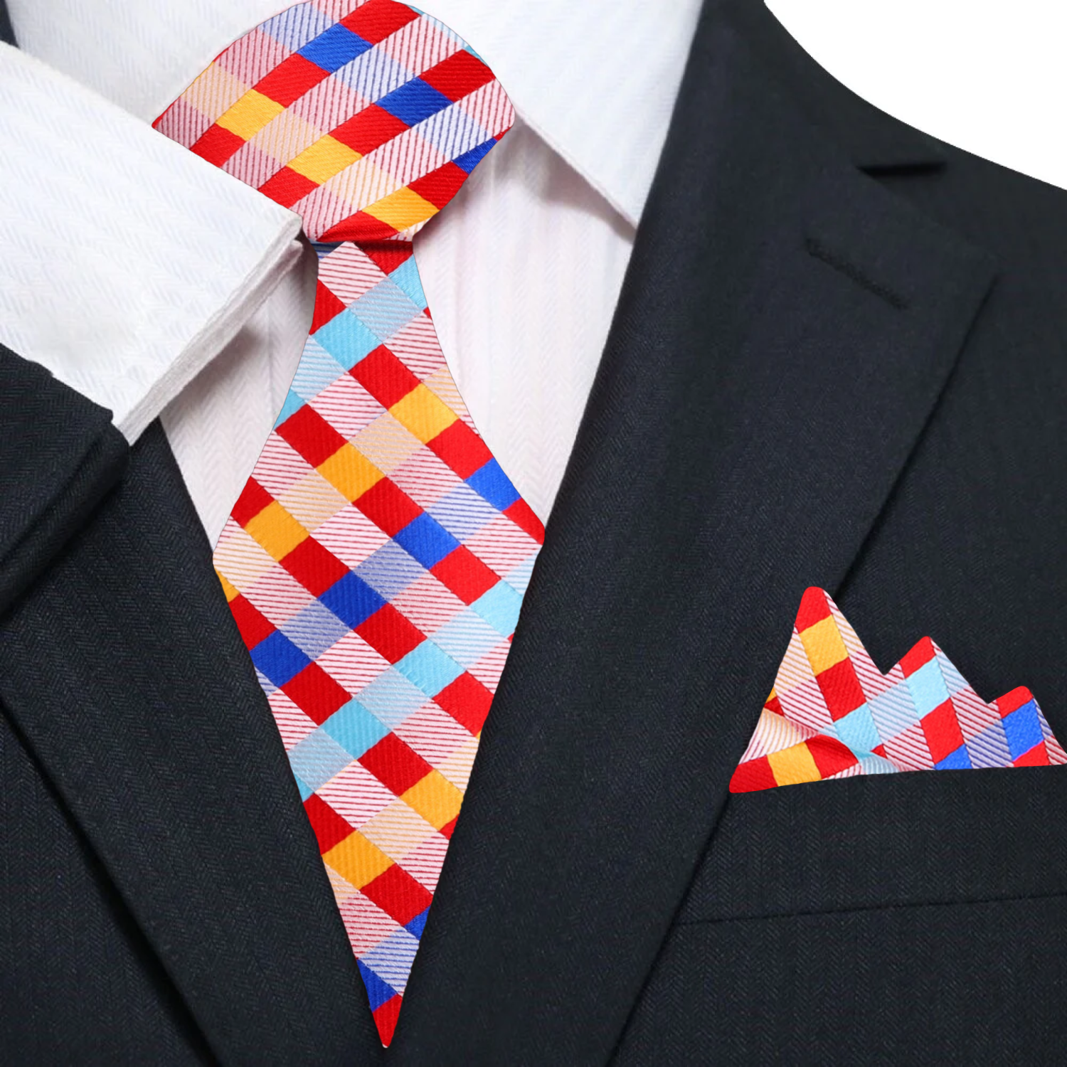 Close-up of vibrant check pattern silk necktie draped over a white dress shirt