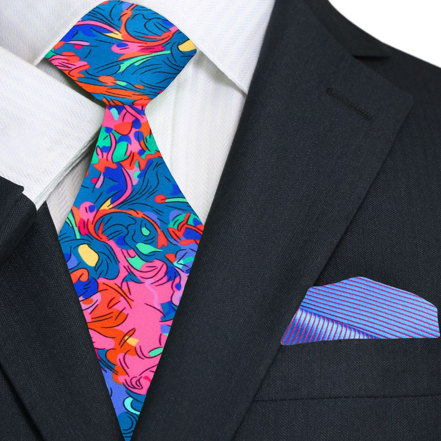 Close-up of the silk fabric texture and vibrant pattern of the artisan mosaic necktie, highlighting its artistic details.