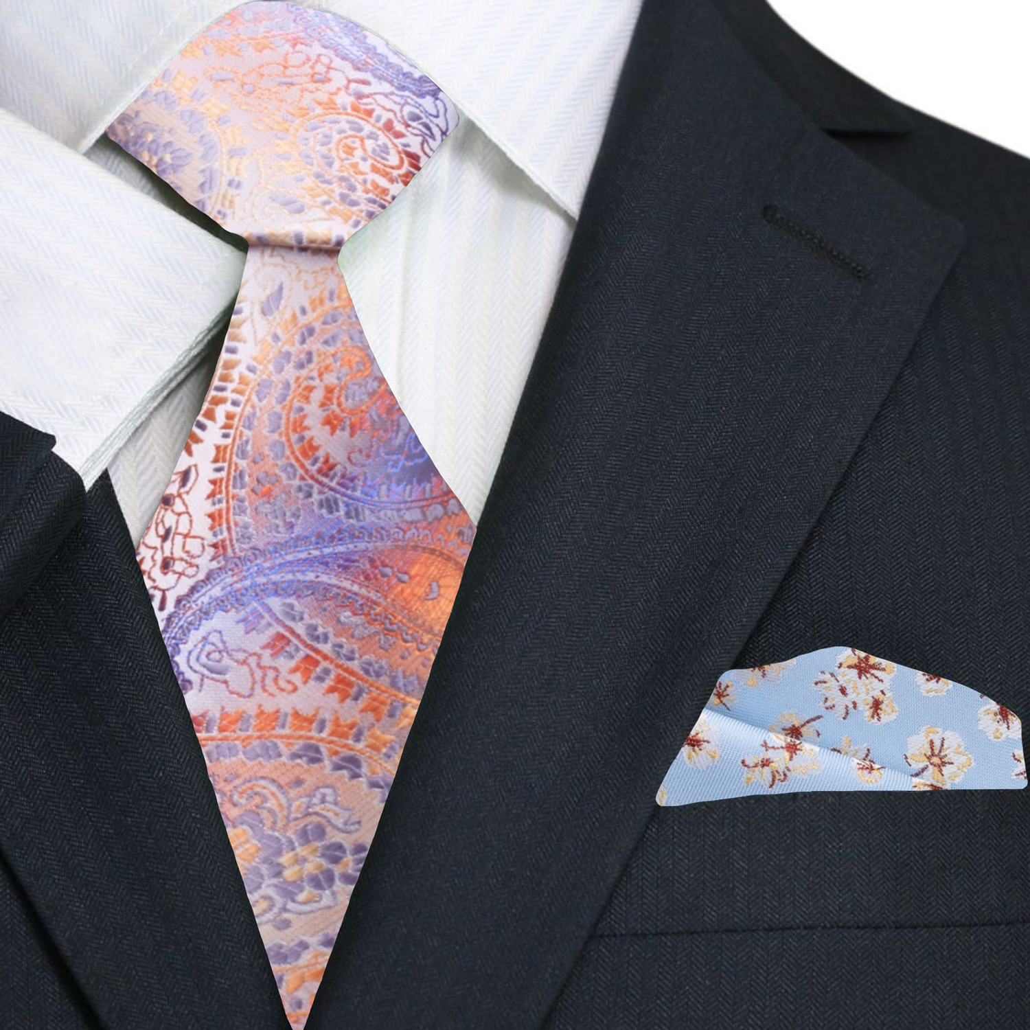 Close-up of the flowing paisley pattern in bright colors on a mens necktie