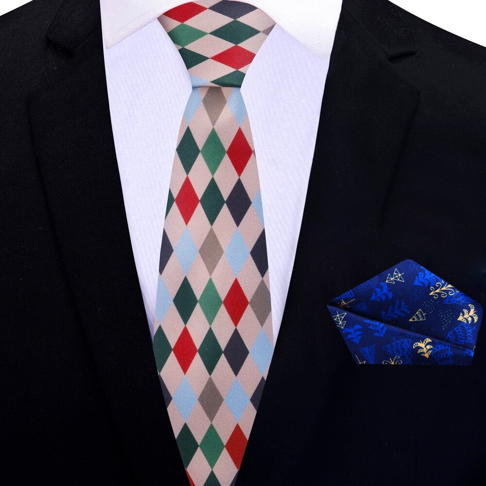 Stylish man pairing Christmas diamond necktie with navy suit for winter event