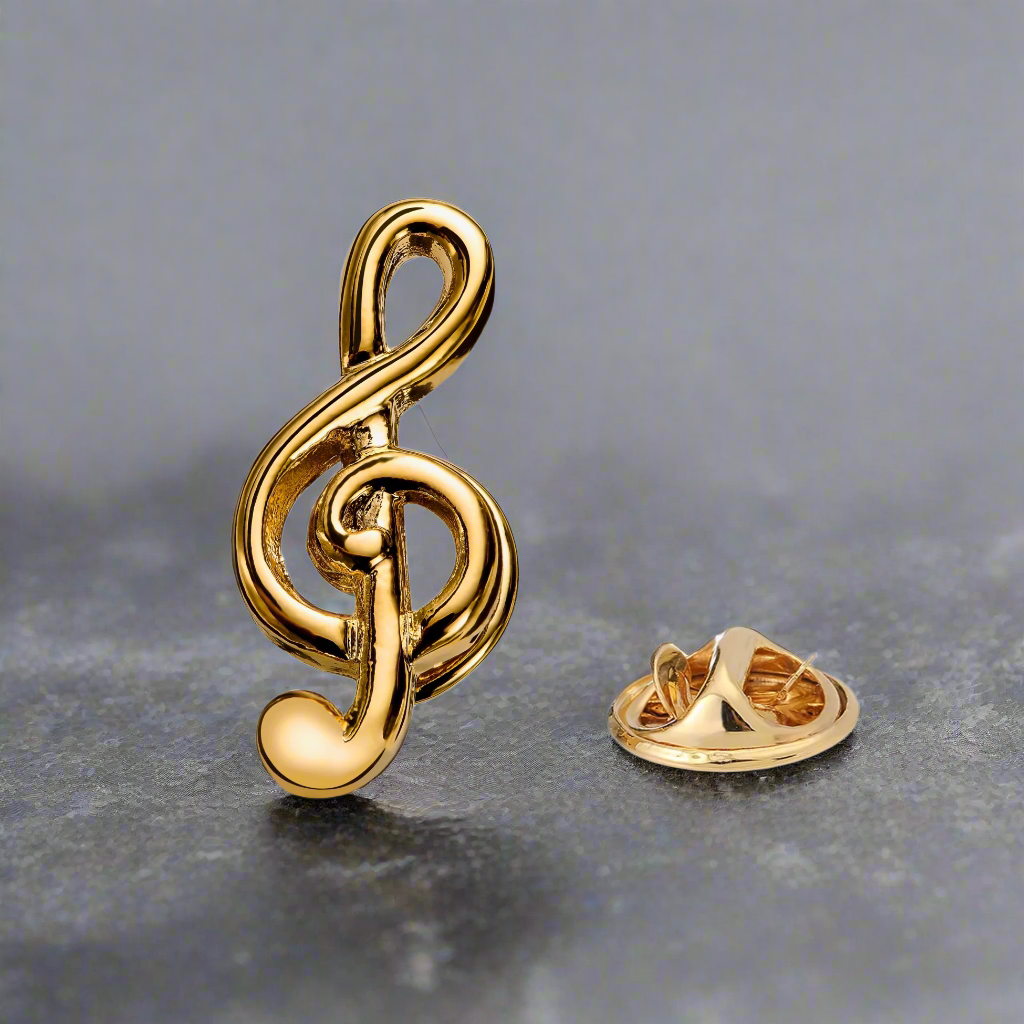 Gold treble clef lapel pin on a white dress shirt for formal events