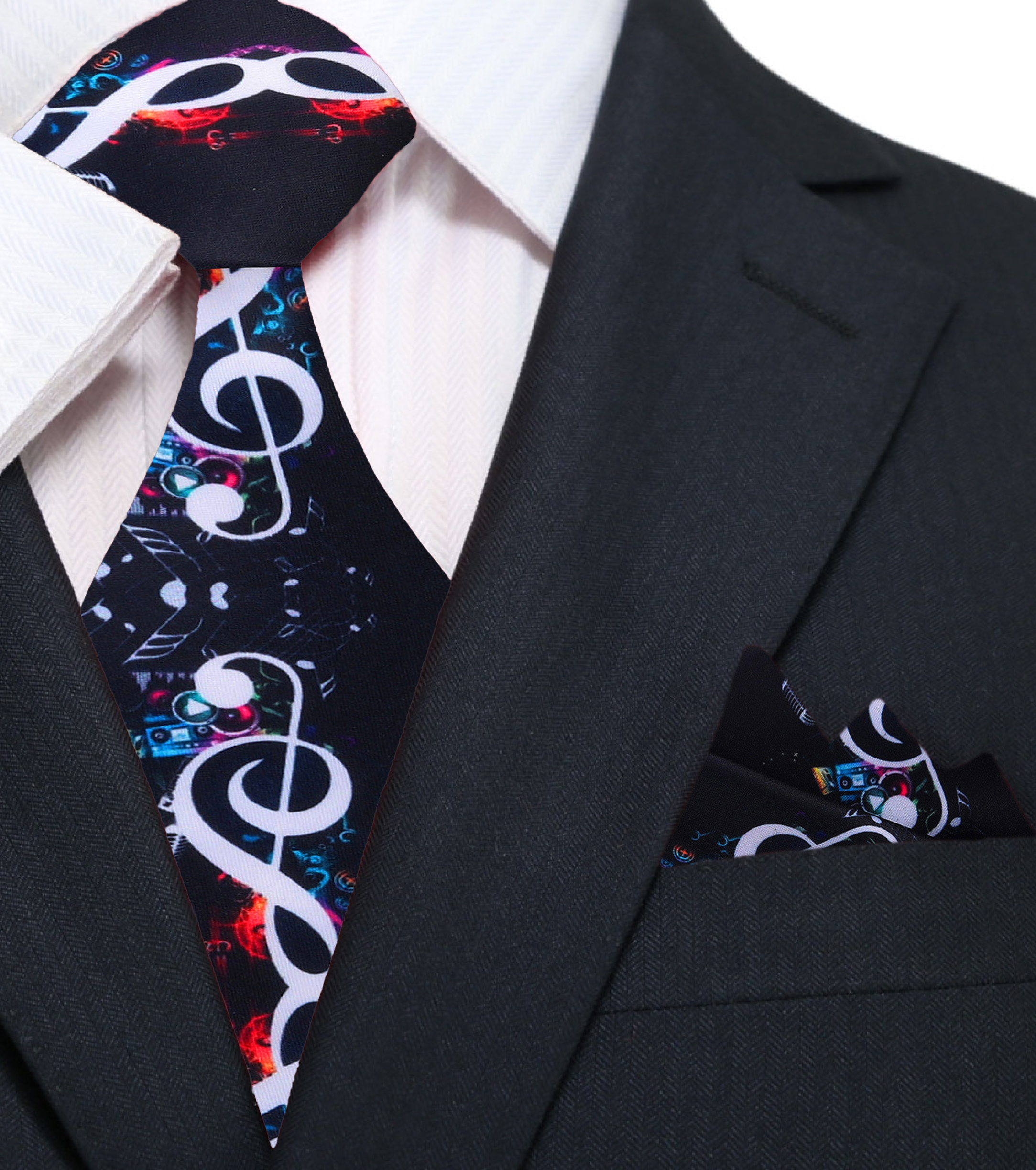The black novelty tie displayed on a crisp white shirt, showcasing its elegant music-themed design.