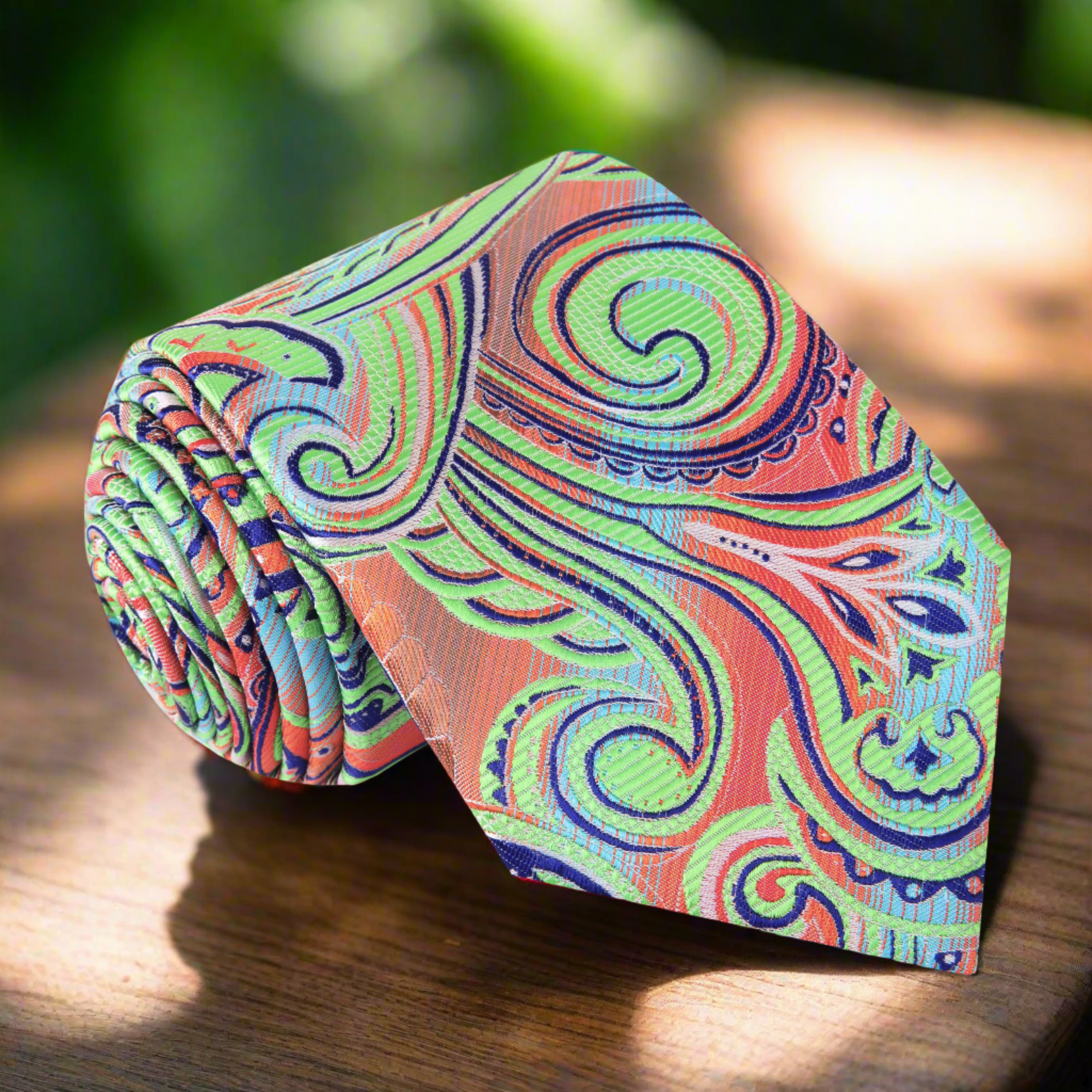 Close-up of neon paisley patterned necktie in vibrant colors, suitable for formal occasions