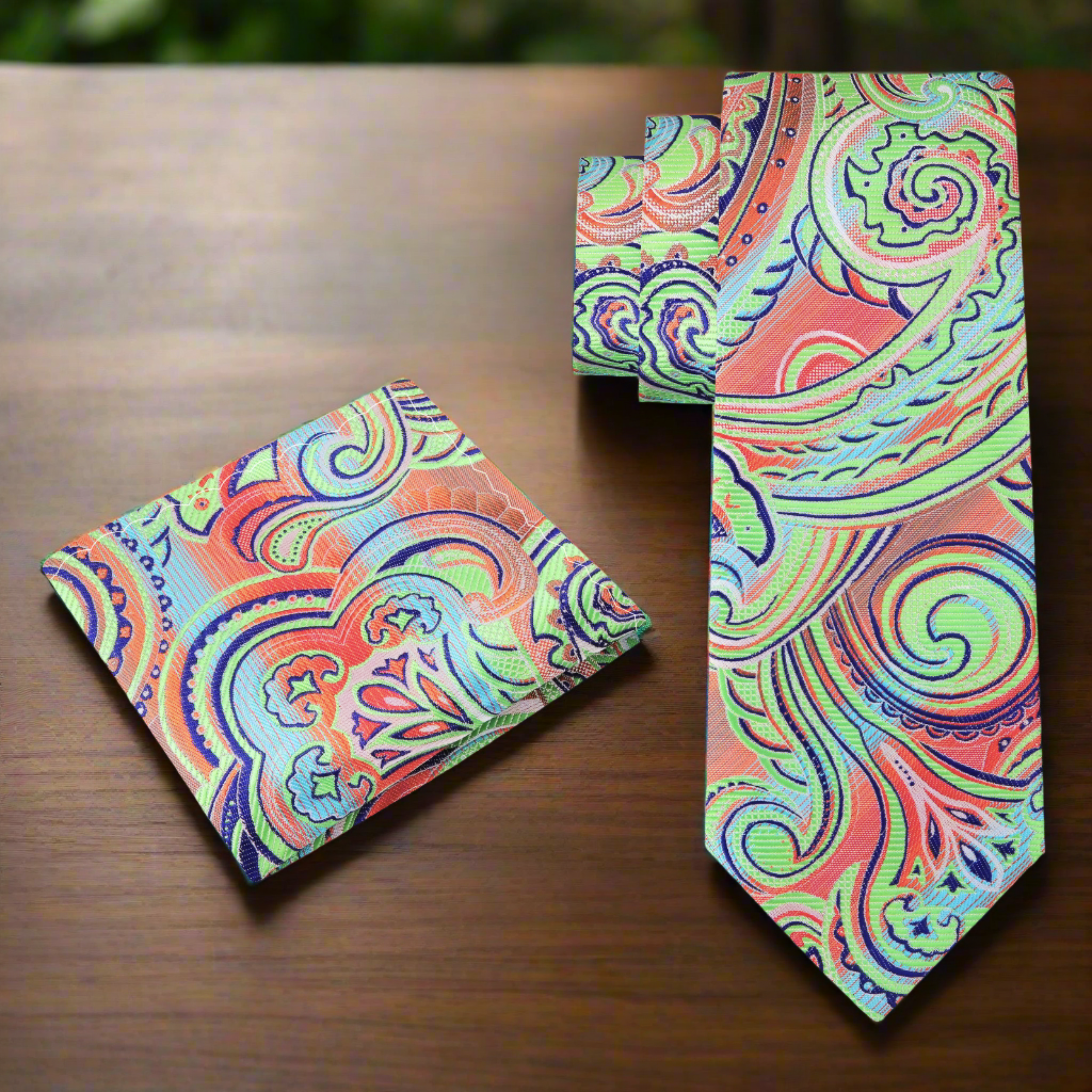 Man wearing a stylish neon paisley tie with a white shirt and dark suit at a wedding
