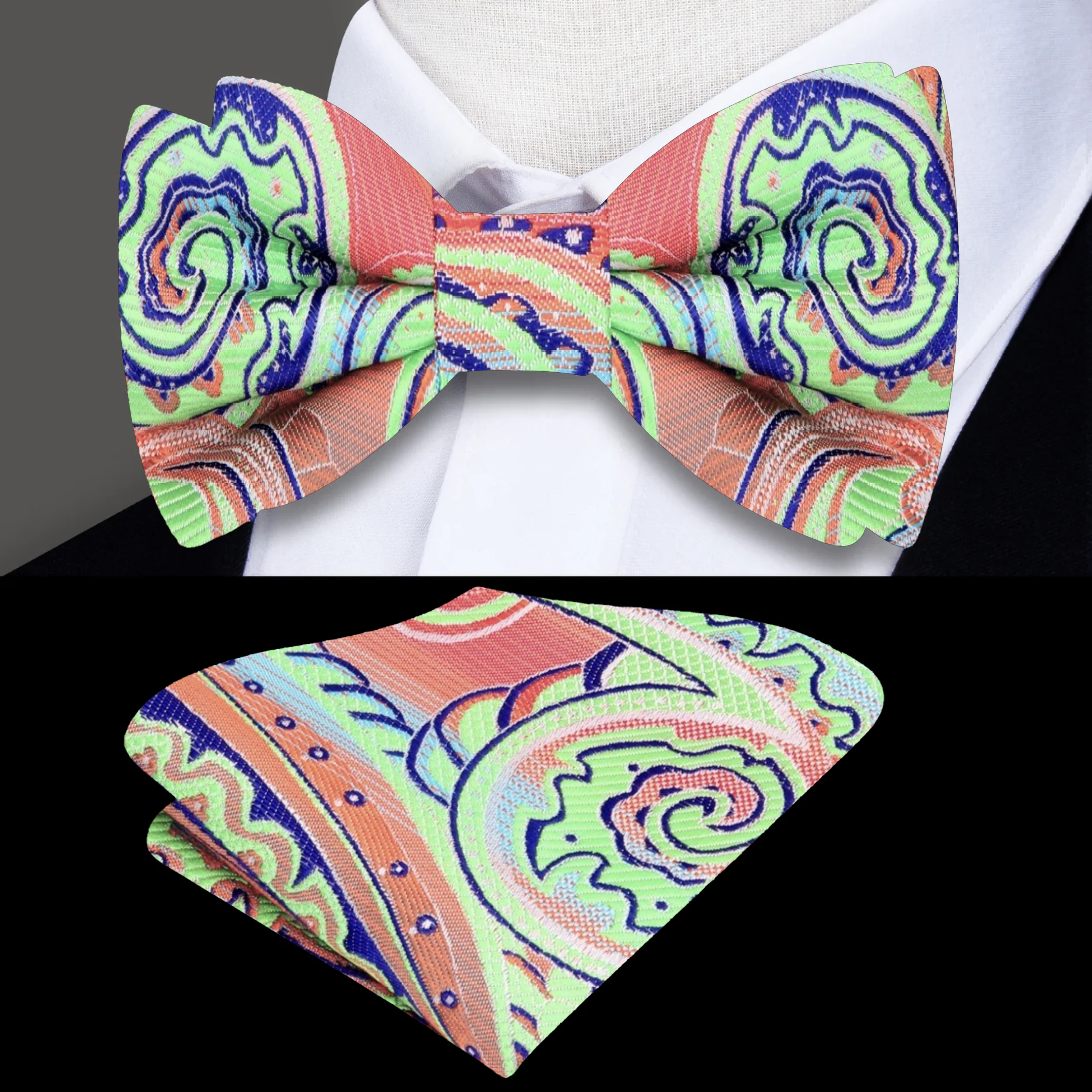 Tropics Paisley Bow Tie with vibrant grey, green, and blue patterns, ideal for elegant occasions.