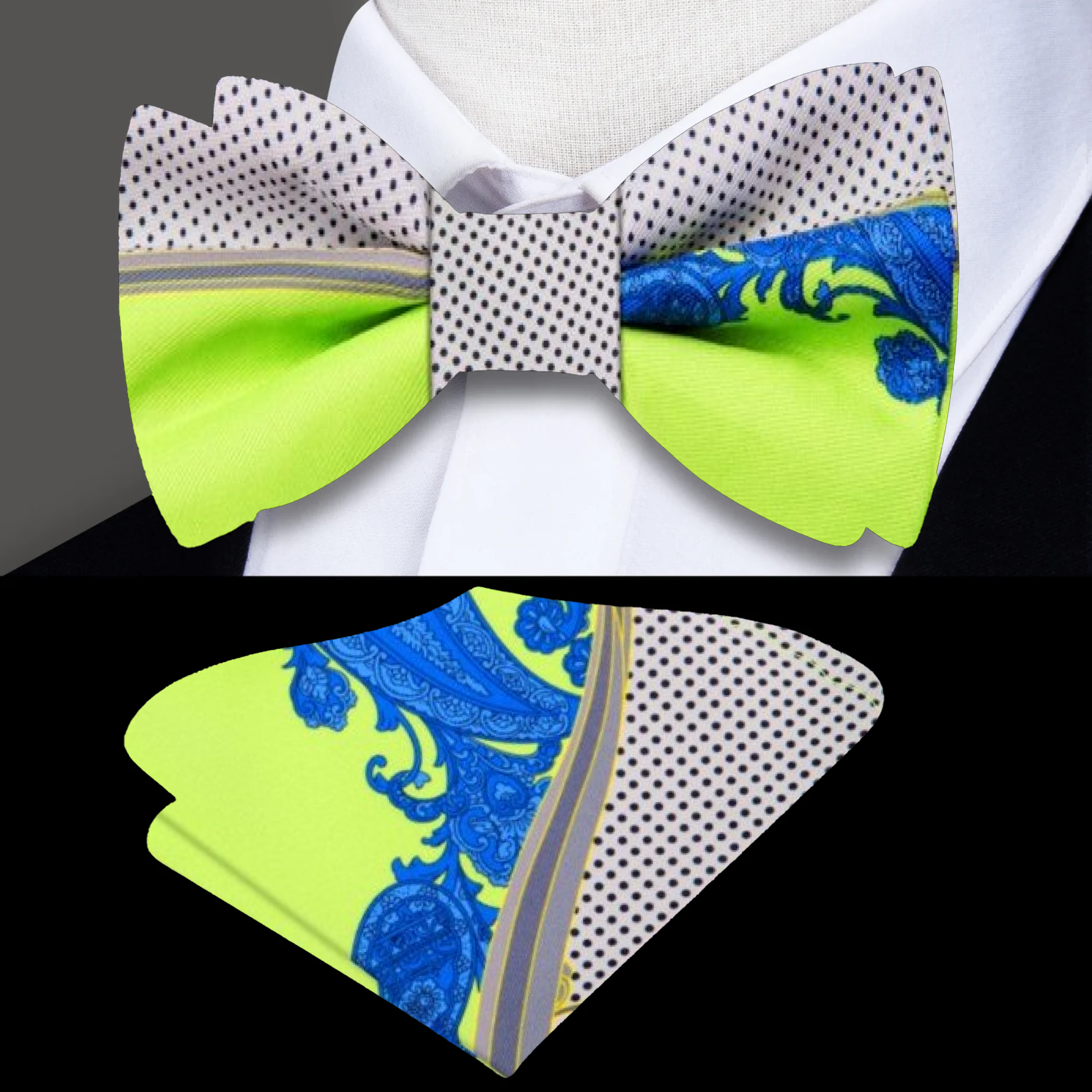 A model wearing the neon paisley bow tie with a charcoal grey suit at a wedding.