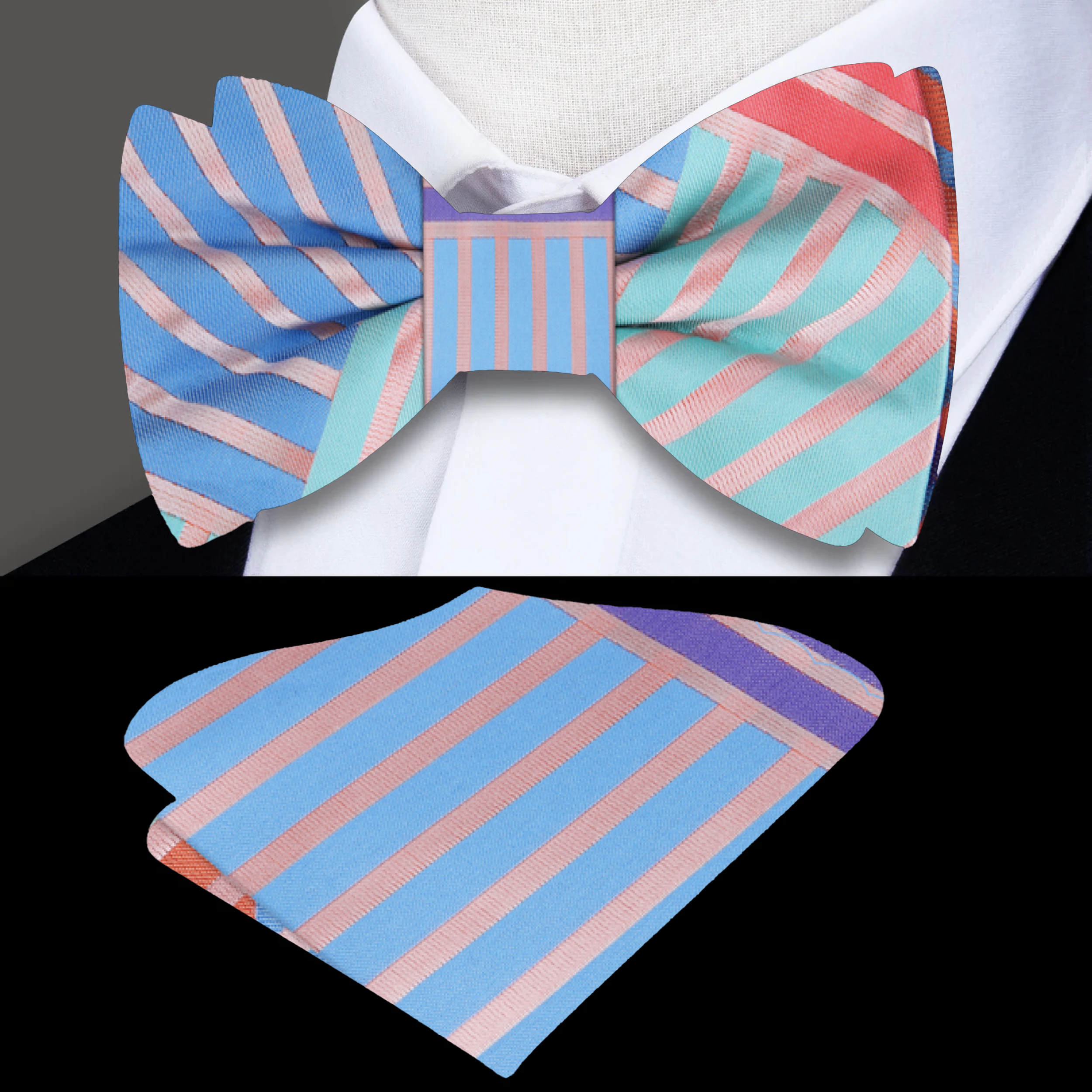 Man adjusting a pre-tied silk bow tie with matching pocket square