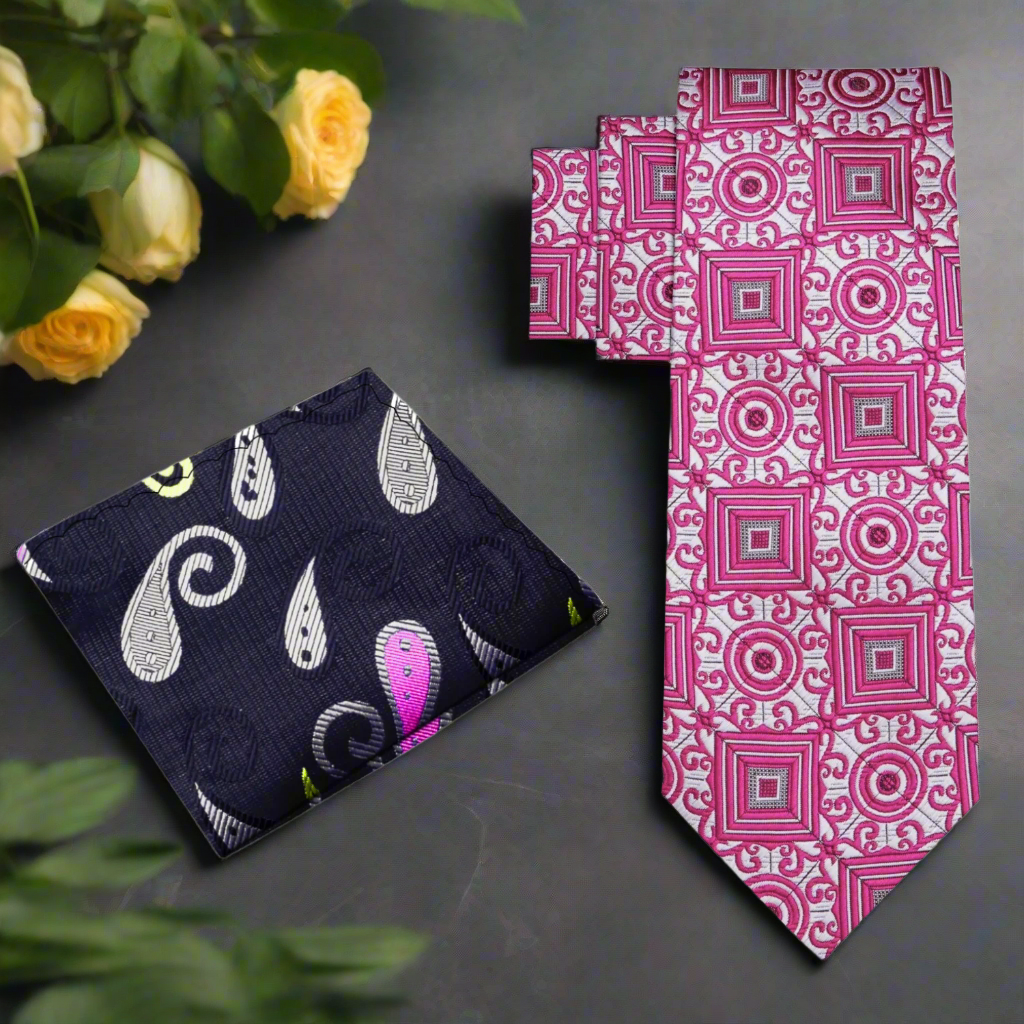 Front view of the Calyptus silk geometric necktie in silver, pink, and black for formal events