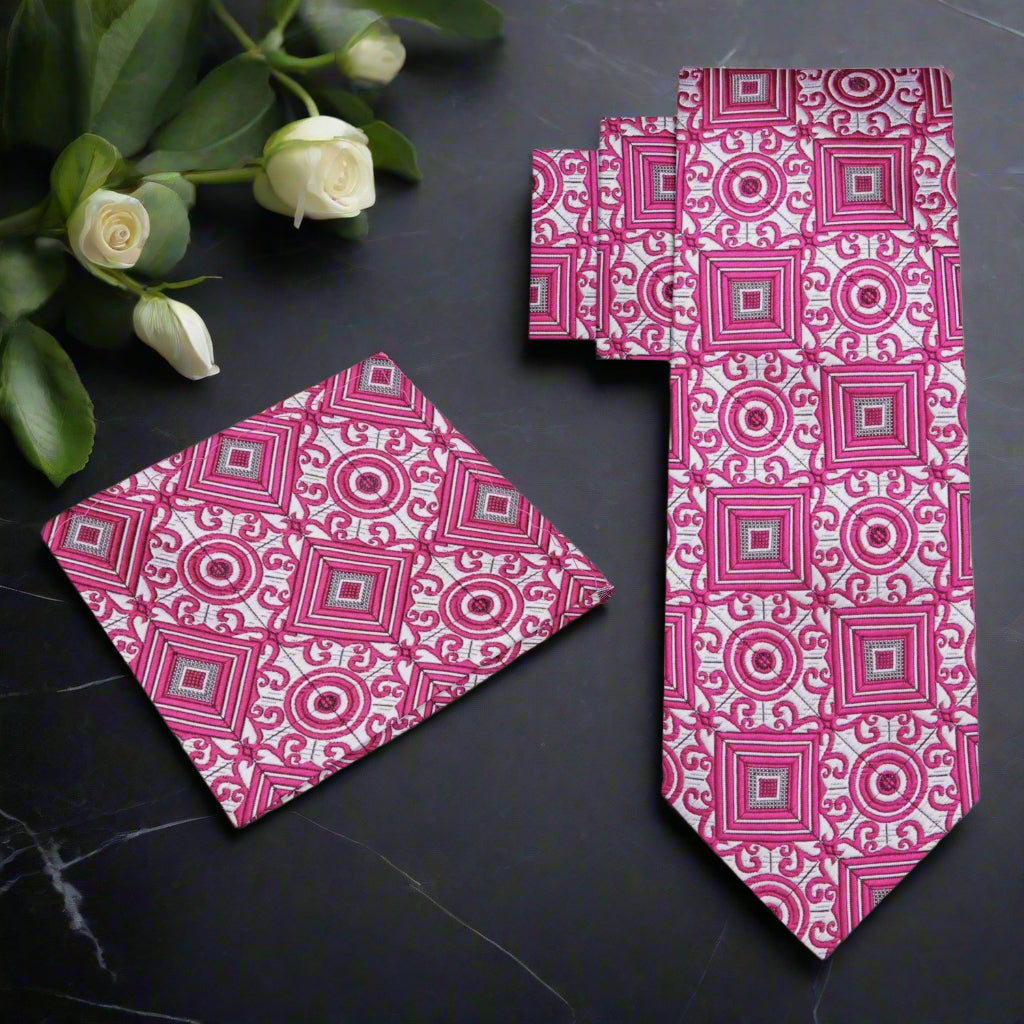 Close-up of the fabric pattern highlighting geometric design and silk texture