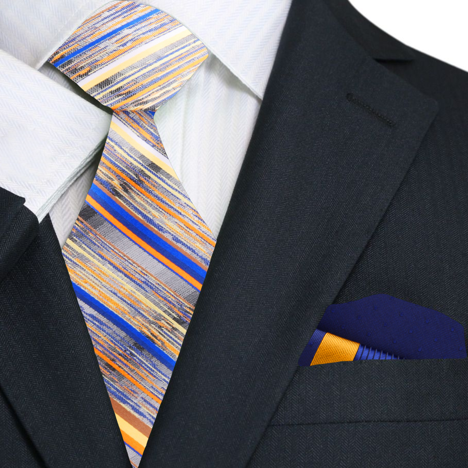 Silk necktie with grey, yellow, and blue stripes paired with a white dress shirt