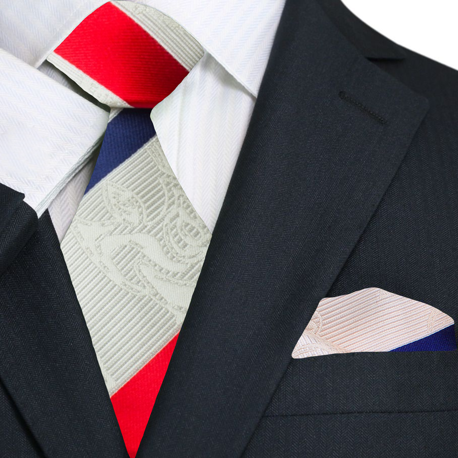 Close-up of silk necktie showing red, blue, and white stripes with paisley texture — ideal for formal tie occasions.