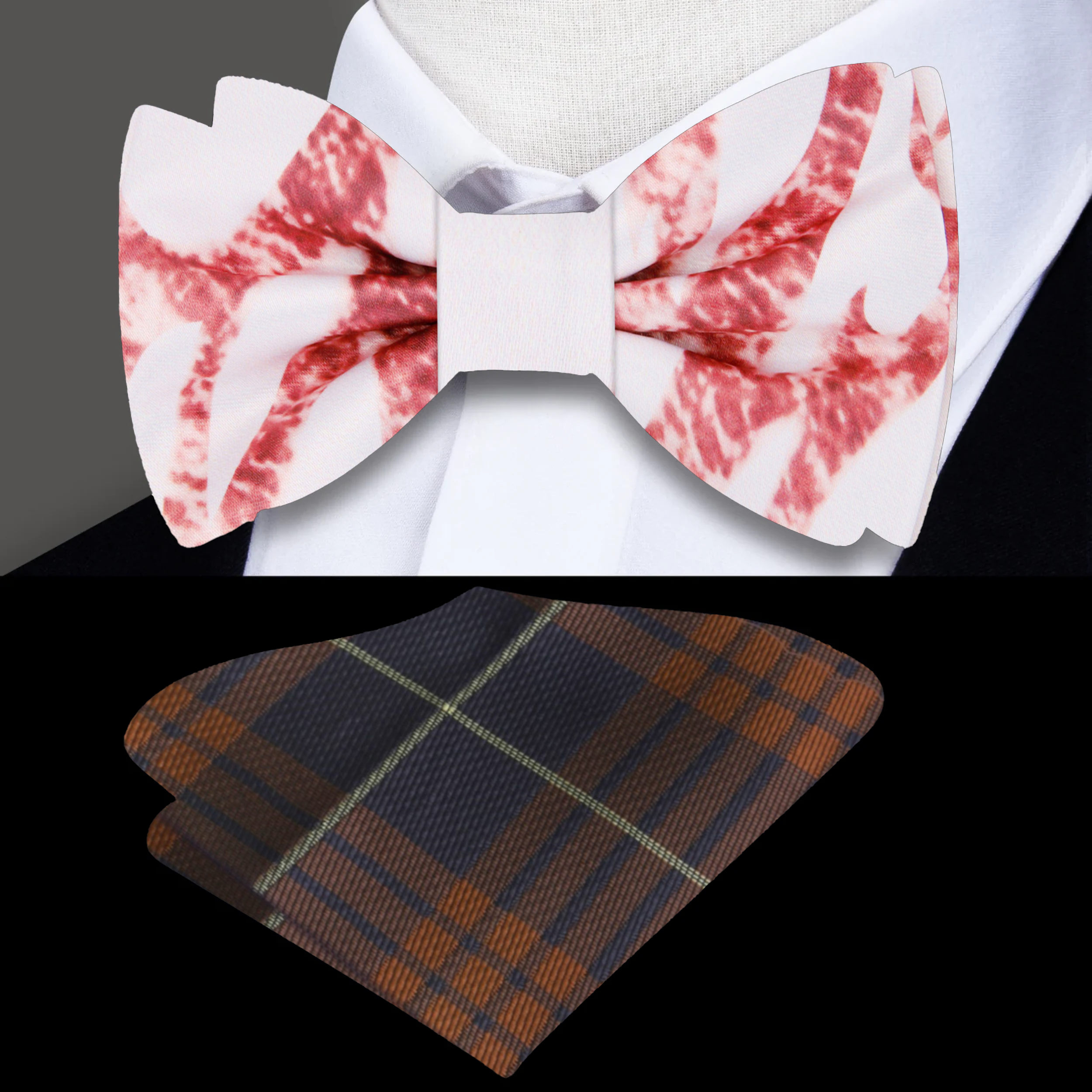 Close-up of rose gold marble bow tie on white dress shirt, showing silk texture and abstract pattern