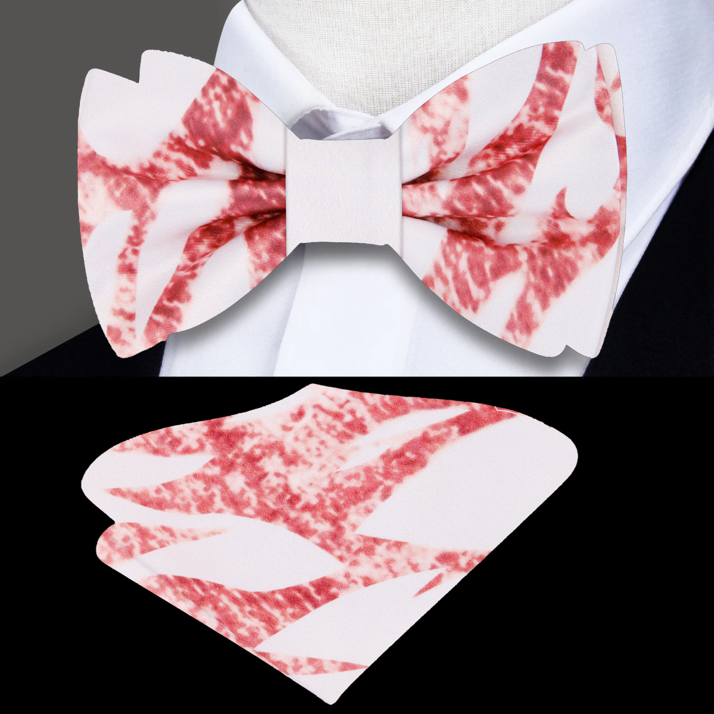 Full view of bow tie and matching marble pocket square laid flat, ideal for wedding styling