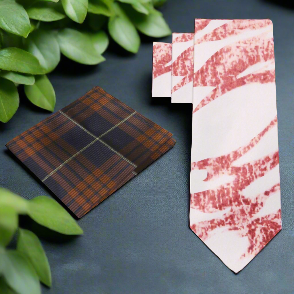Close-up of rose gold marble tie on white shirt—highlighting silk texture and shimmer