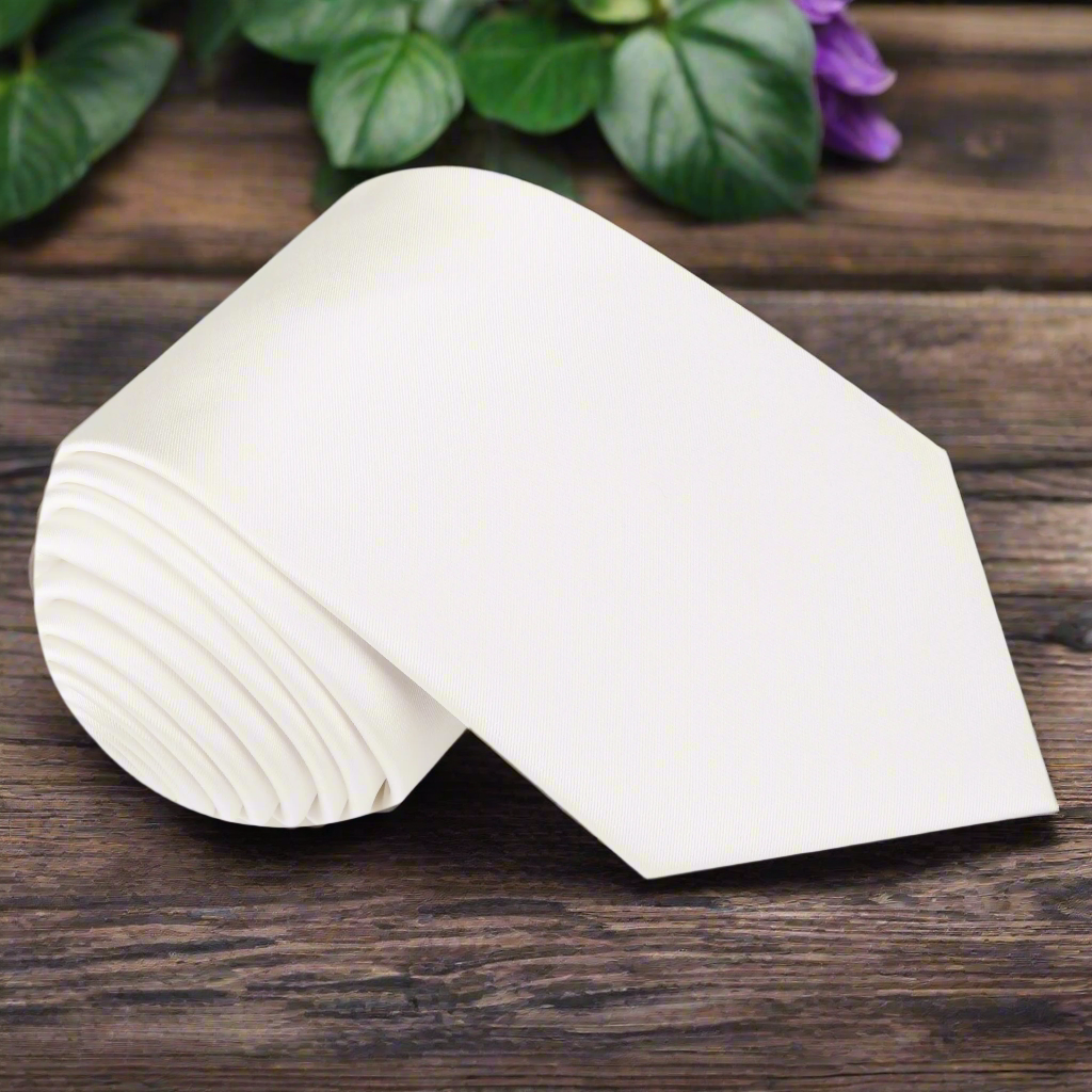 Ivory silk necktie elegantly displayed with a matching pocket square, showcasing its luxurious texture.