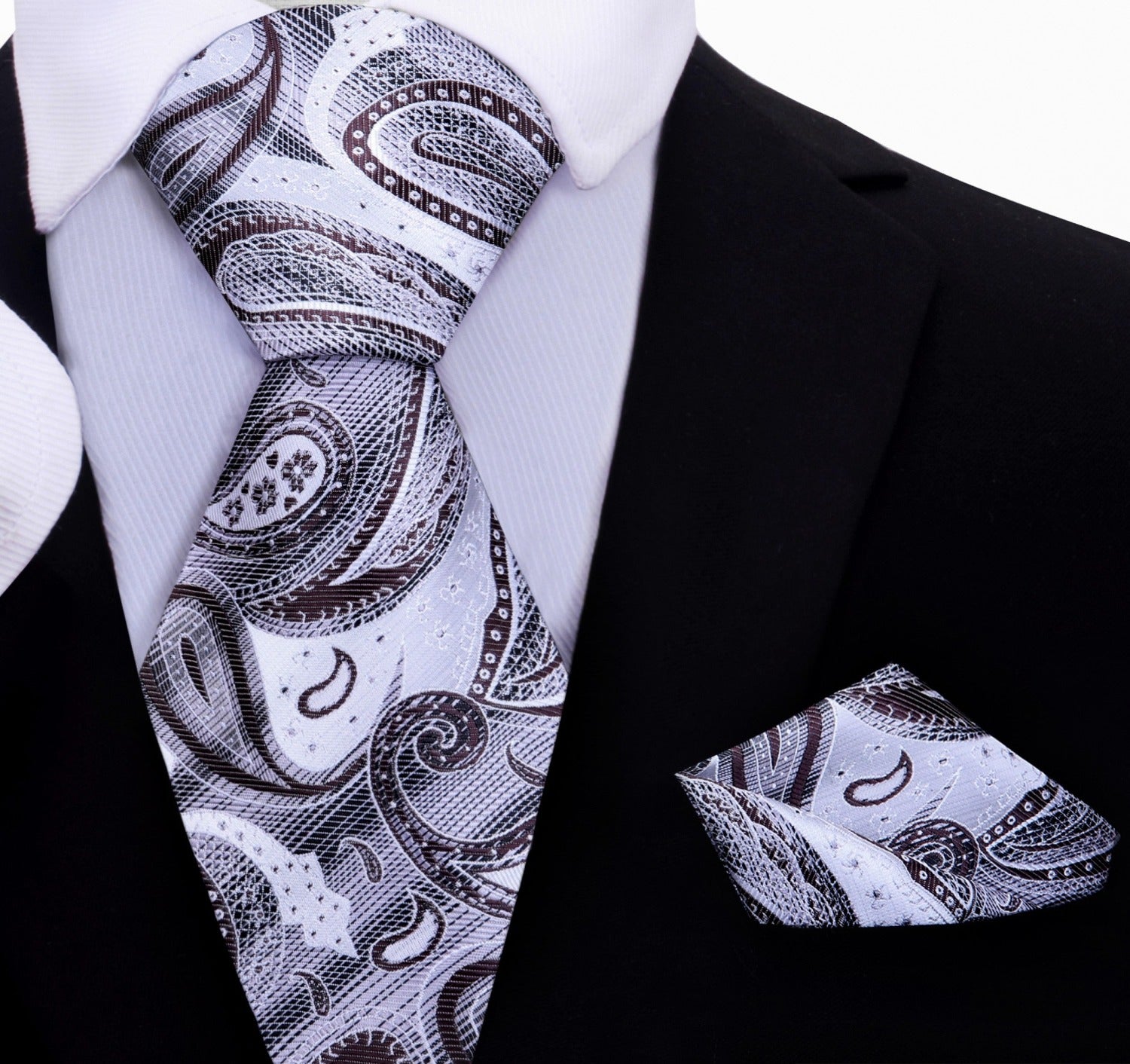 Elegant light grey and brown paisley silk tie with detailed patterns suitable for formal events.